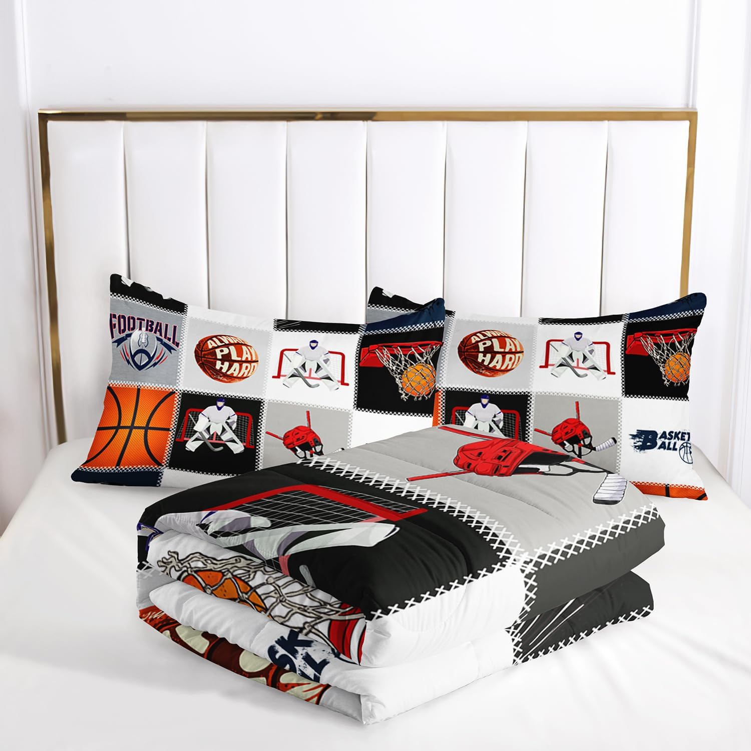 AILONEN Teens Boys Comforter Set Queen Size, Sports Bedding Set Basketball Football Soccer Ball Print Comforter Set,Ice Hockey Player Bed in a Bag Duvet Set 3 Pieces, 1 Quilt and 2 Pillowcases