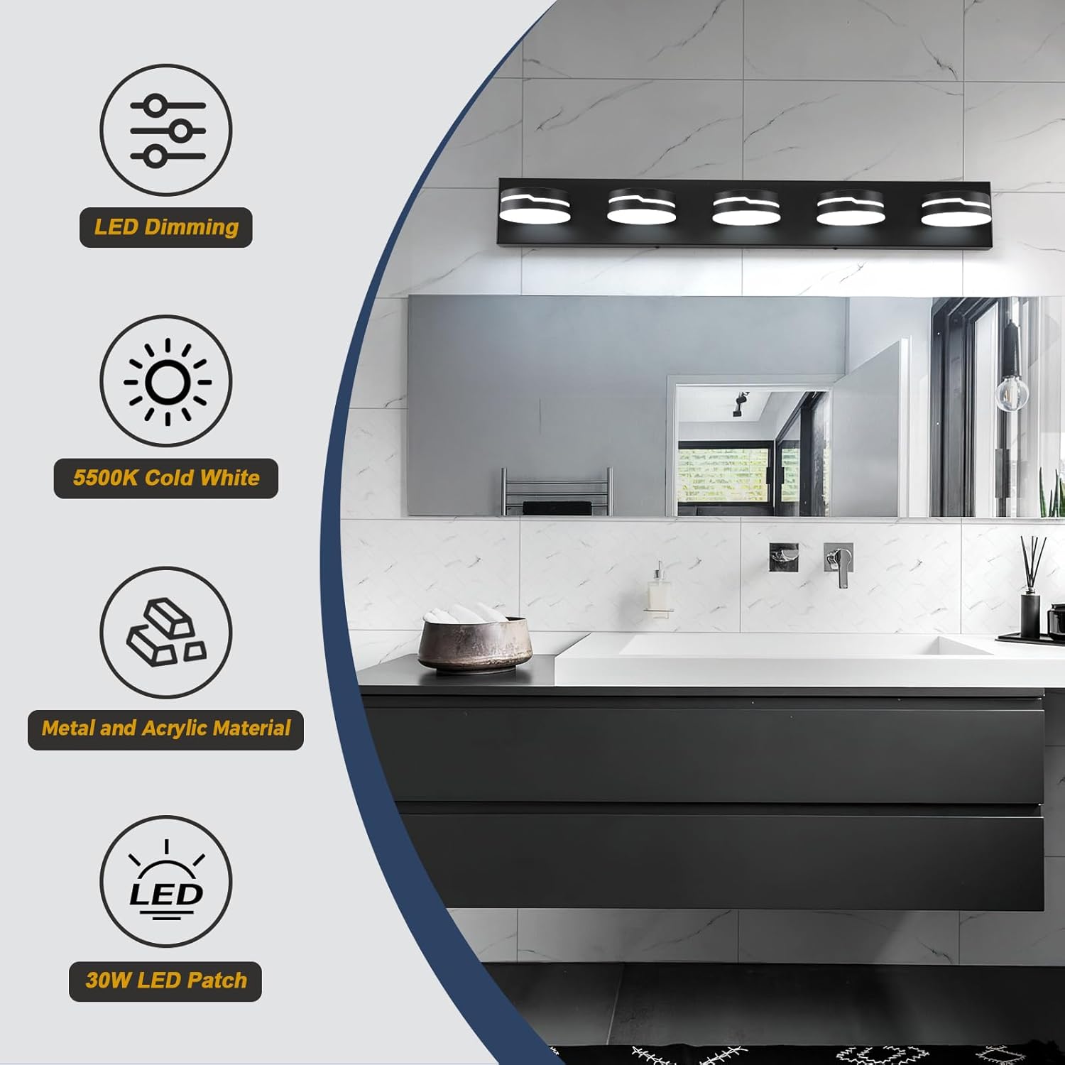 Vanity Lights for Bathroom, 32.28in Matte Black Bathroom Light Fixtures Over Mirror, 5-Light Modern LED Wall Sconce Makeup Lighting, 350° Rotatable, Dimmable 5500K Cool White, Hardwired