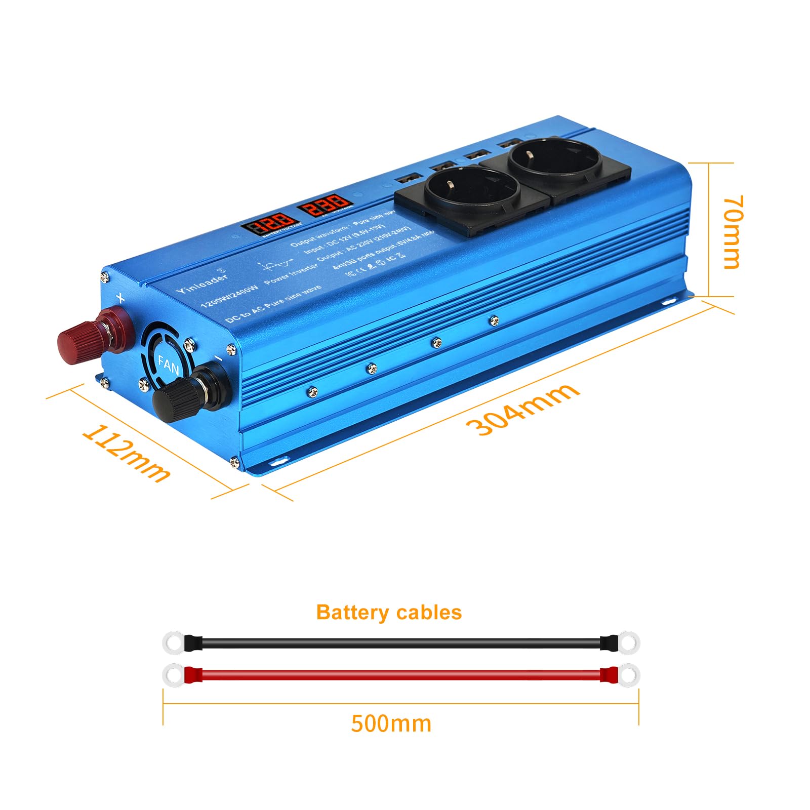 Yinleader 12V auf 230V 2400W Reiner Sinus Wechselrichter 2 EU Steckdosen und 4 USB-Anschlüsse 2 LED Spannungswandler