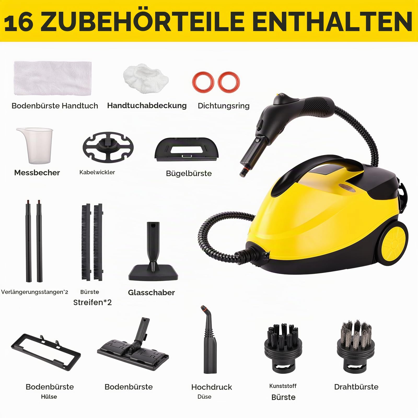 Dampfreiniger Nexalite 2000W, 4 bar, 1600 ml Tank, 16-teilig | 3–7 Min Aufheizen, 4 bar Tiefen-Dampf, 1600 ml Tank; 16 Aufsätze für Fliesen/Fugen, Fenster, Polster & Auto-Innenraum