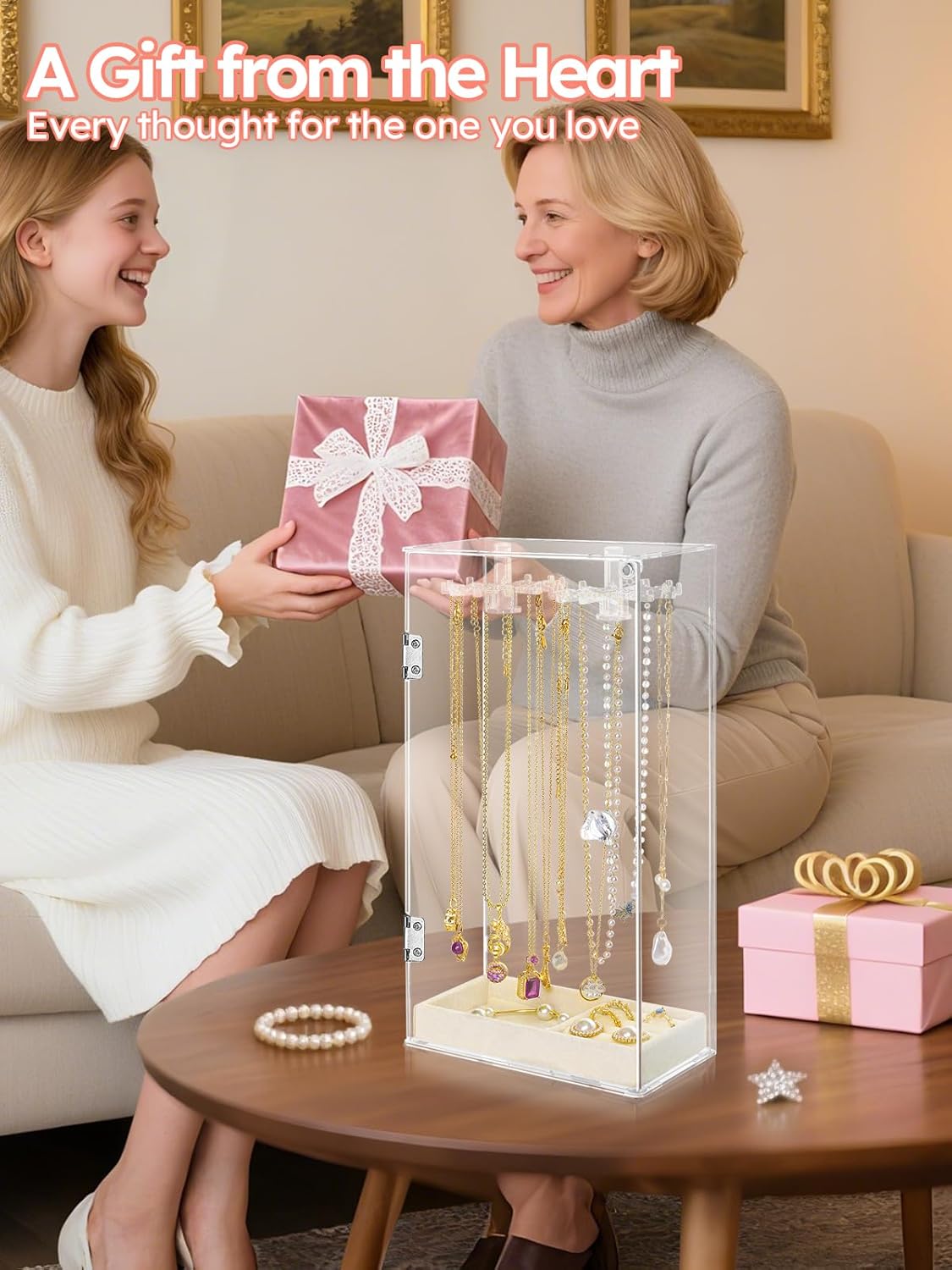 Cirhy Necklace Holder, Acrylic Necklace Organizer with 24 Rotating Hooks, Dust-Proof Jewelry Display Case for Necklaces, Pendants, Earrings, Rings, Enclosed Clear Storage Stand with Velvet Lined Tray - Image 3