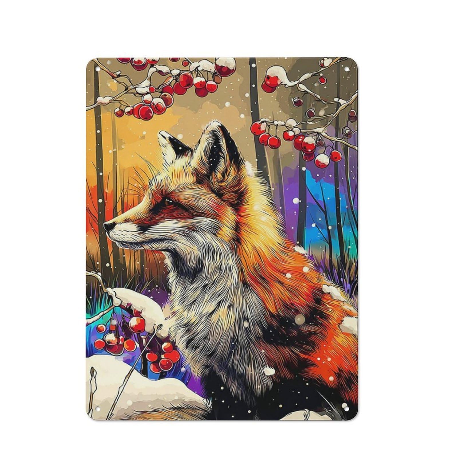 Junmoney Winter Fox With Berries Country Metal Sign With Design 40X30cm, Farmhouse Farmhouse Wall Decor For Kitchen, Cottage, Porch Or Garden Room