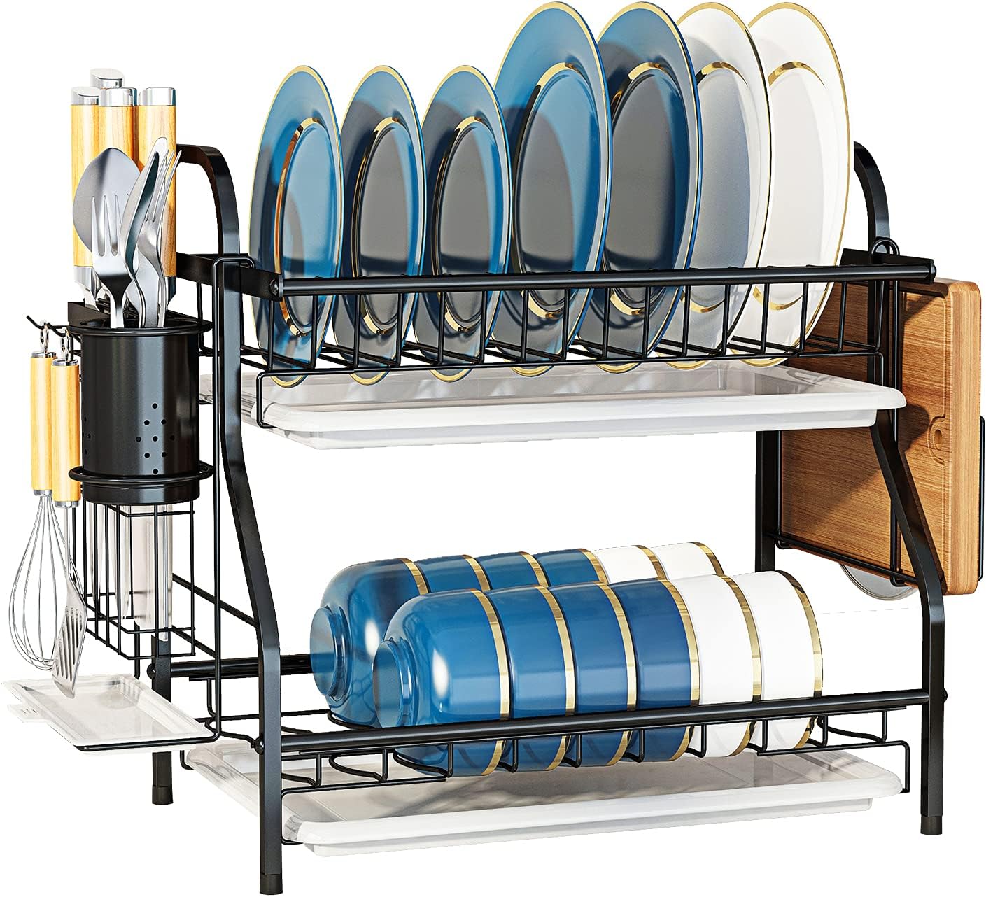 AIYAKA Dish Drying Rack,2 Tier Dish Rack,with Drainboard Utensils Holder and Cutting Board Holder for Kitchen Counter Organizer Storage,Black