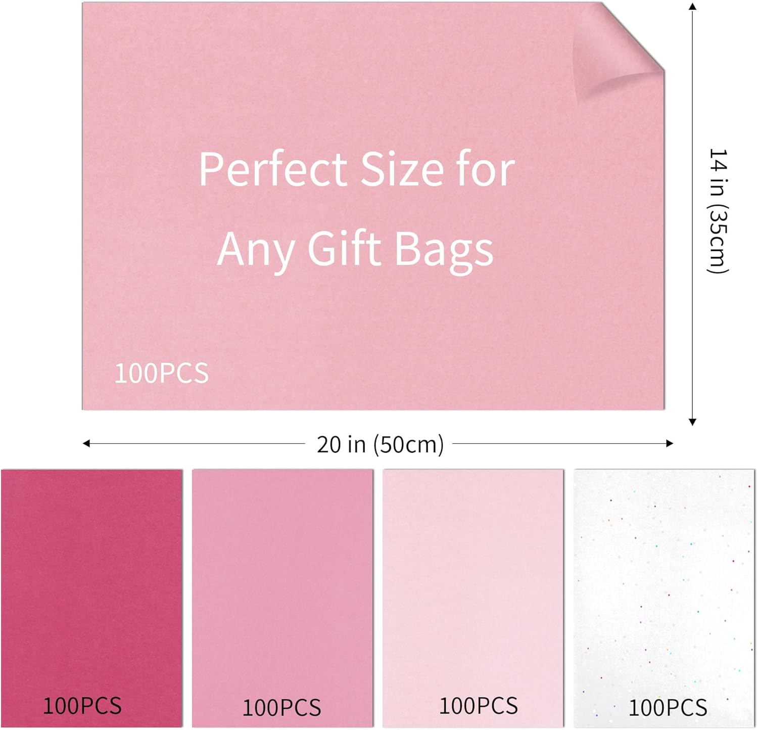 UNIQOOO 500 Sheets Pink Tissue Paper Bulk, 5 Colors Tissue Paper for Gift Bags Gift Wrap Supplies Bulk for Crafts Party Decorations Art Projects, 20x14 Inch