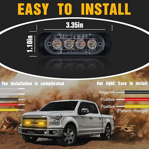 Miniatura 5 de DIBMS 4x - Barra de luces estroboscópicas de emergencia LED, 4 LED de color ámbar y amarillo, luz de advertencia intermitente, barra de luz de