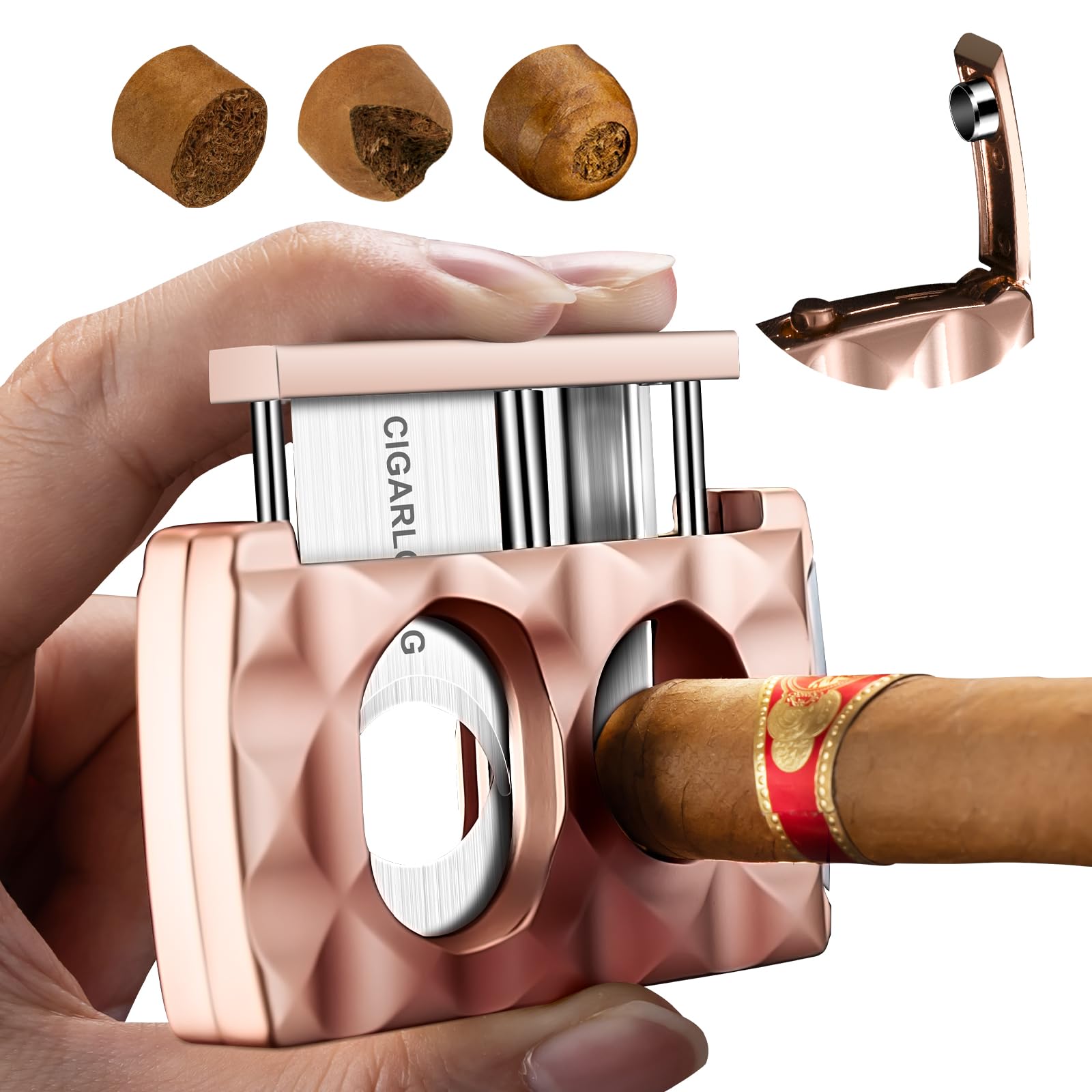 Cigar Cutter Stainless Steel Multifunctional 4-in-1,Cigar V-Cutter Double Blade Guillotine,Straight Cut&V-Cutter with Cigar Punch, Cigar Holder, Gift for Men (Pink)