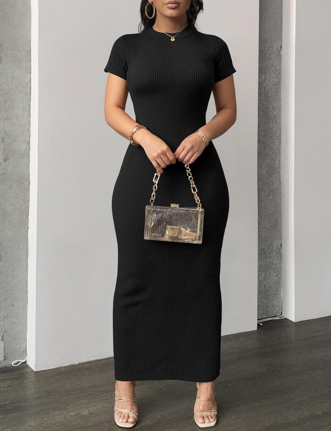 Nimsruc Women Summer Short Sleeve Bodycon Maxi Dress Crew Neck Long Dresses Casual Sundress - Image 2