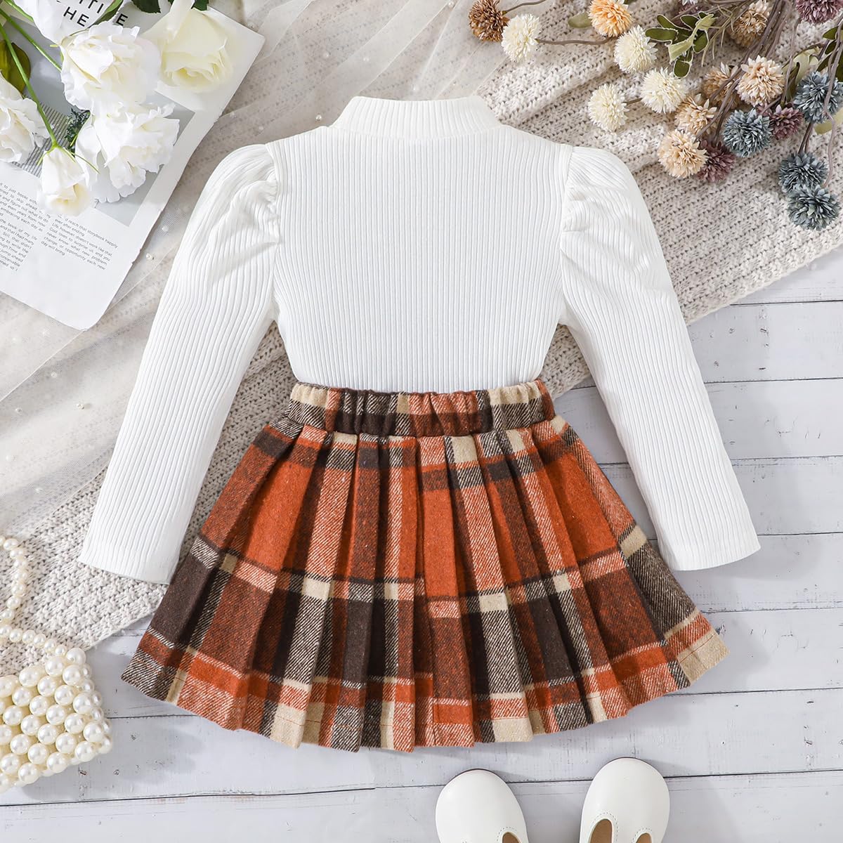 Toddler Girls Plaid Outfits Fall Winter Knit Ribbed Bow Sweatshirt Tops Pleated Skirts Set Holiday Picture Clothes - Image 3