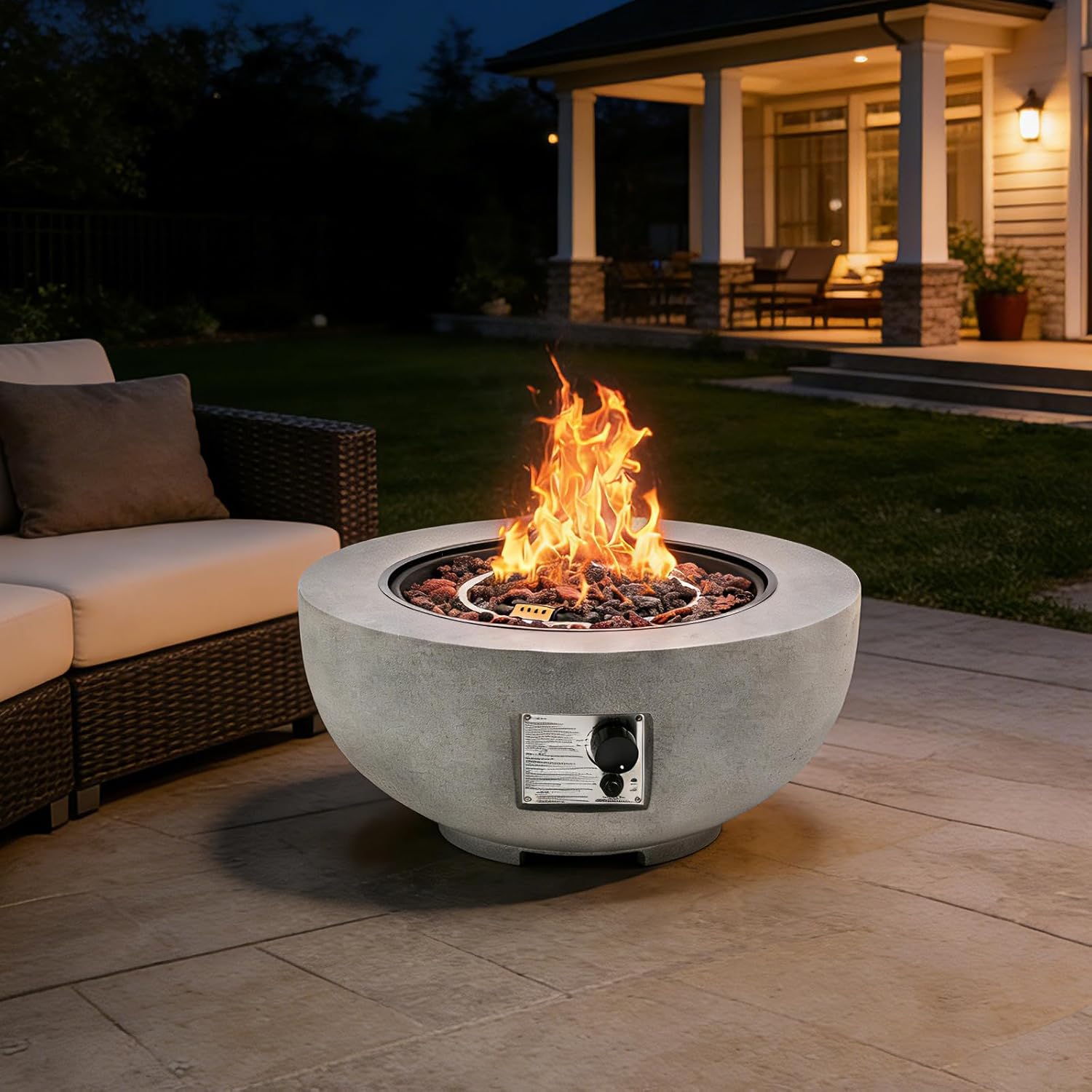 27.5-inch Outdoor Propane Gas Fire Pit Bowl, 50000 BTU Round FirePit Table for Outside Patio, with Metal Lid,Rain Cover & Lave Rocks,Grey