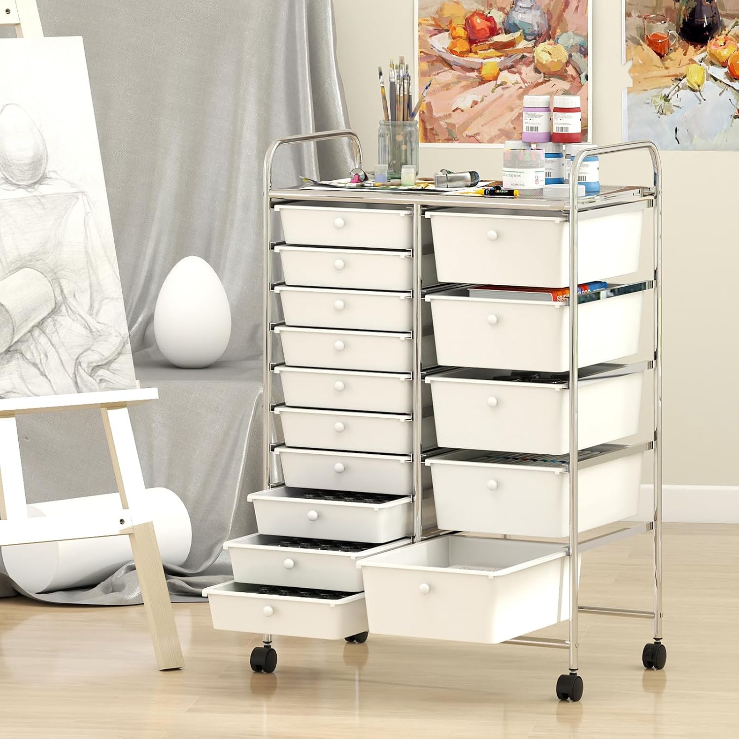 BECOMFORT 15-Drawer Rolling Utility Cart, Storage Cart on Wheels, Teacher Classroom Organizers with Metal Frame & Lockable Wheels, Mobile Trolley Craft Cart for Art Paper Tools School Office Play Room