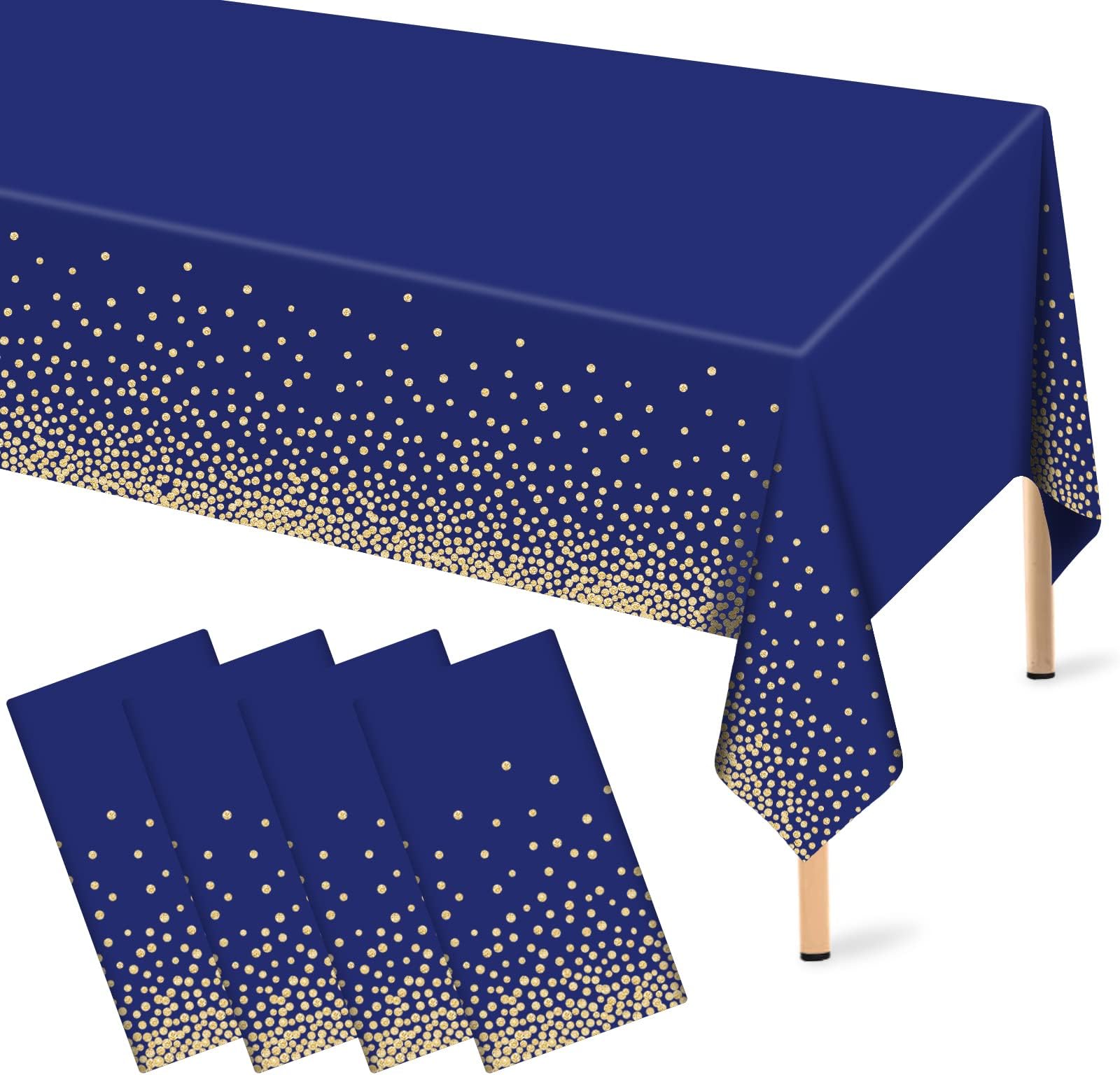 4 Pcs Navy Blue Plastic Tablecloth Gold Dot Blue Table Cloths, 54×108 inches Disposable Gold Dot Confetti Dark Blue Table Cover for Anniversary Friendsgiving Fine Dining Graduation Party Decoration…