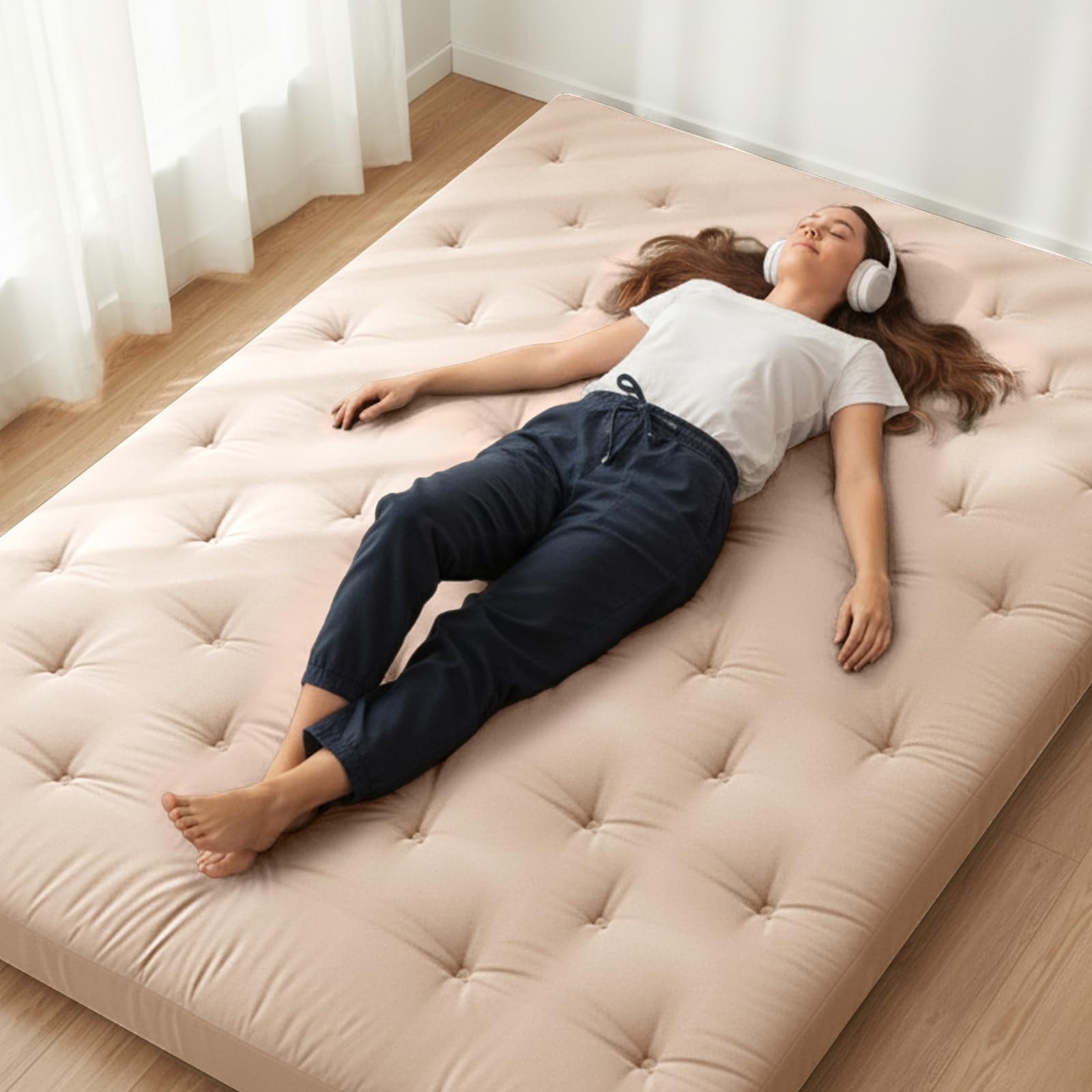 Japanese Floor Futon Mattress Twin Size 75"x 39", 100% Cotton Cover 2.5'' Thicken Tatami Mattress, Foldable Sleeping Pad, Portable Dormitory Tatami Mat(Khaki)
