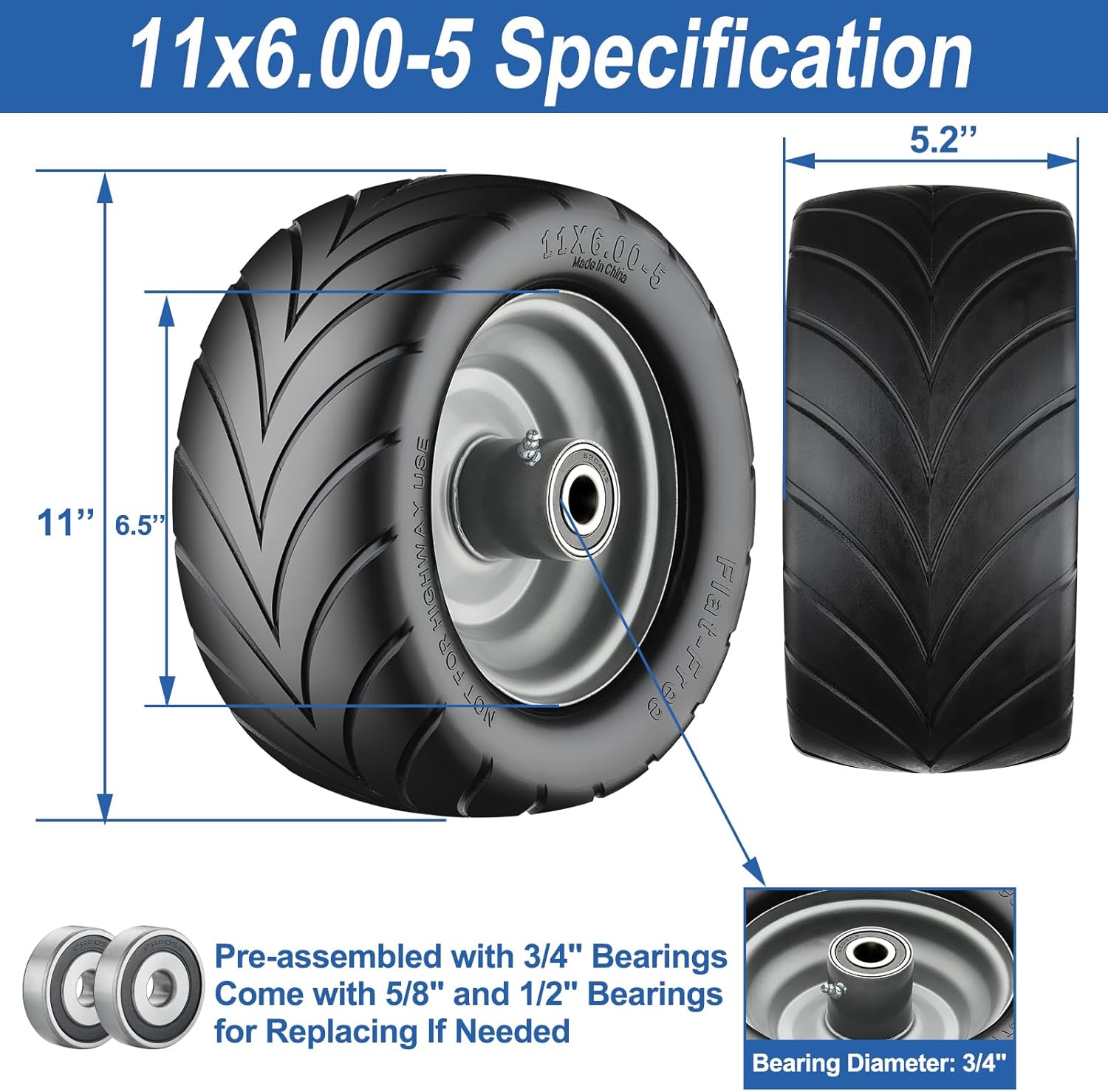 11x6.00-5 Flat Free Tire with Chevron Tread, Zero Turn Lawn Mower Tires with 3/4" or 5/8" and 1/2" Bearings, 5.2"-8.3" Centered Hub,11x6.00-5 Tires for Zero Turn Mower Gray Rim - 2Pack