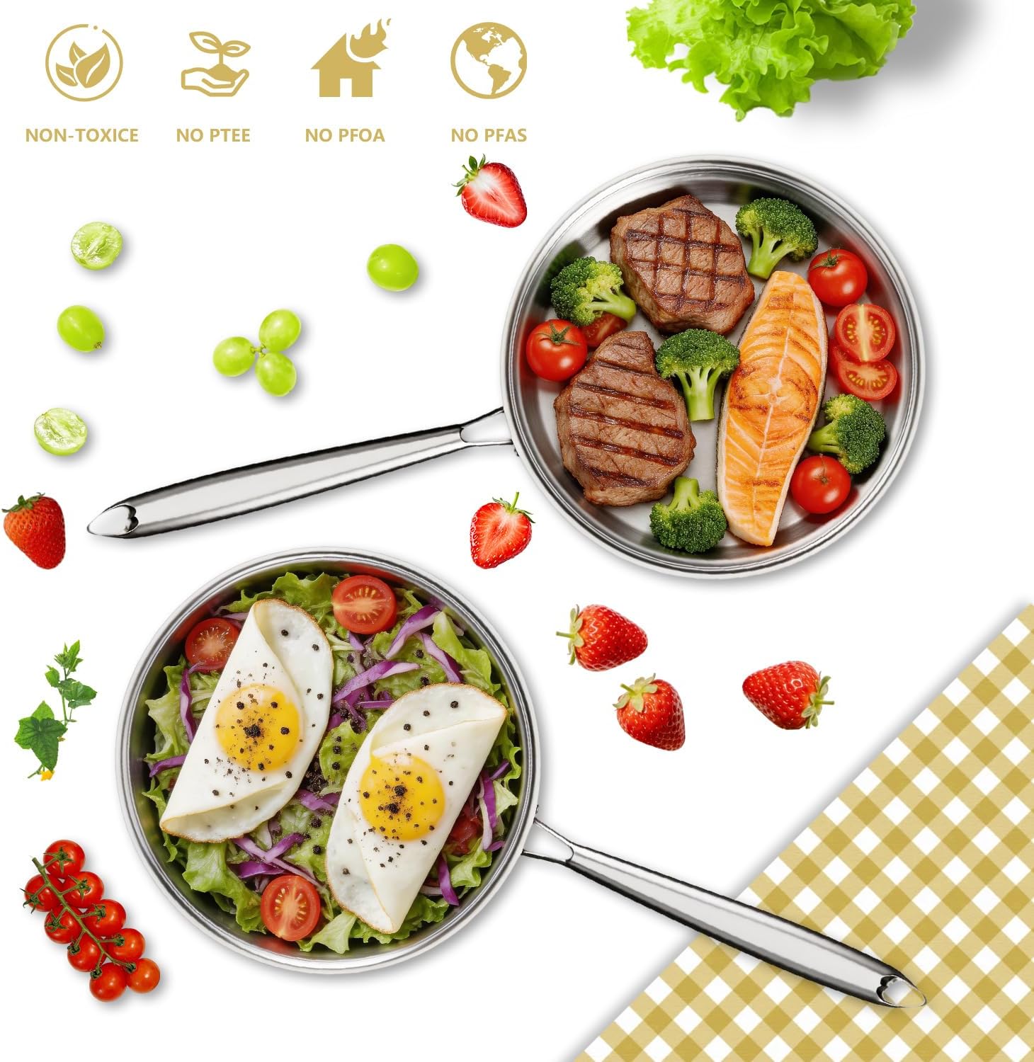 Tri-Ply Stainless Steel Frying Pan, Compatible with All Cooktops Up to 600℉, Large Frying Pan with lids, Induction-Ready Skillet, Dishwasher and Oven Safe, Even Heat (10.8 Inch)