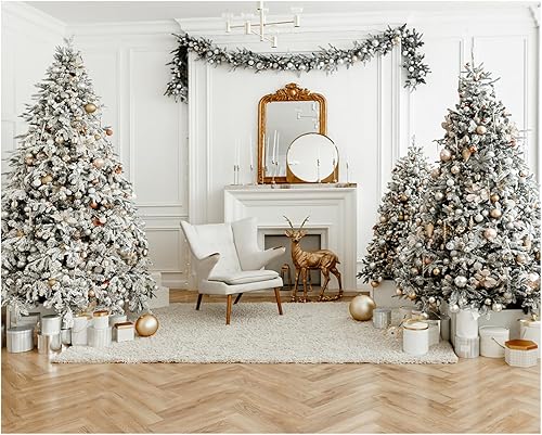 Miniatura 8 de AIIKES Telón de fondo de fotografía de Navidad de 10 x 10 pies, telón de fondo de chimenea de Navidad, tema blanco para interiores, árbol de
