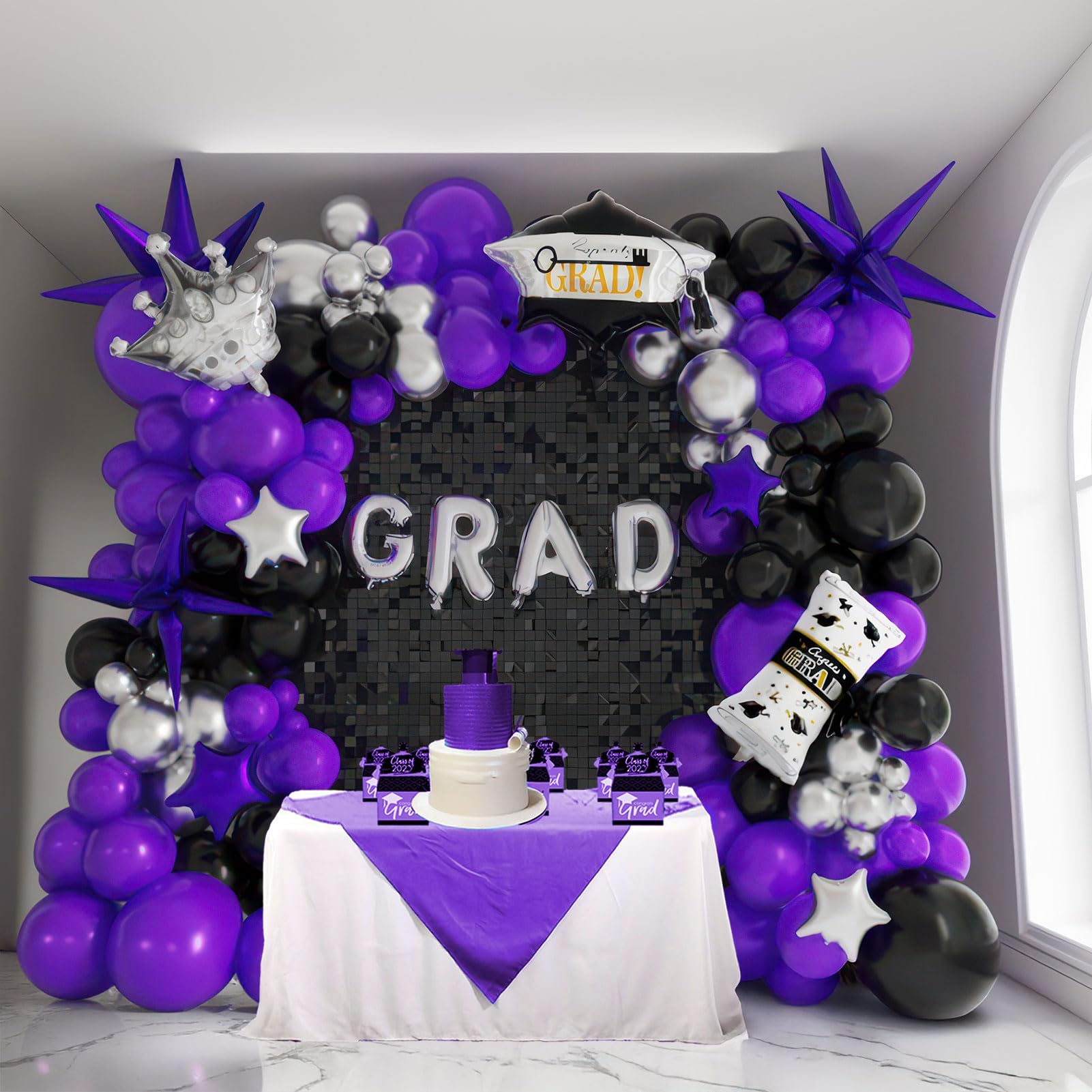 Black dark purple and silver Balloon Garland Arch Kit 130Pcs with dark purple and Silver Stars Graduation Certificate Graduation Cap crown GRAD