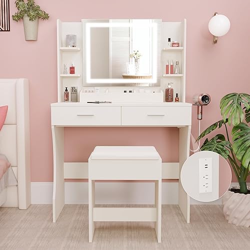 Small Makeup Vanity Table for Girls, Vanity Set with Mirror and Stool and Lights, 2 Drawers & 6 Storage Shelves, Power Strip, Hairdryer Holder, 3 Adjustable Lighting Modes, White