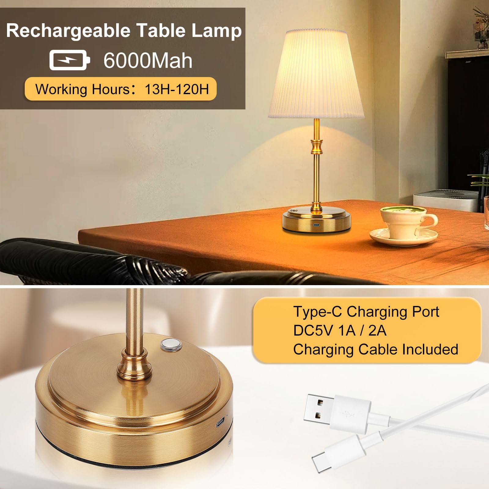Glowlit Cordless Table Lamps Set of 2, 6000 mAh Rechargeable Lamp with Touch Control & Fabric Shade, Gold Metal Base - Image 3