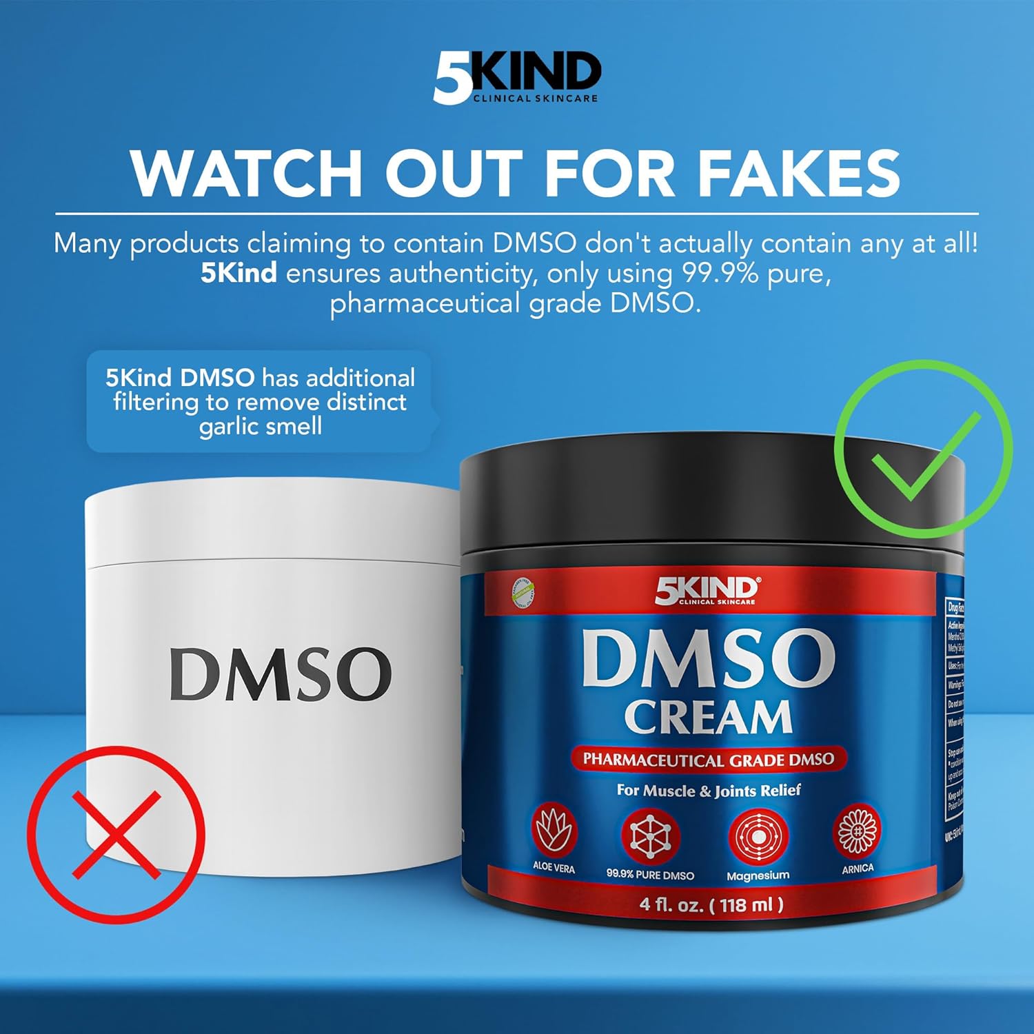 5Kind DMSO Cream for Pain Relief 4 fl oz - 99.9% Pure DMSO Pharmaceutical Grade Cream - Aloe Vera, Magnesium, Arnica & Menthol - Topical Muscle and Joint Pain Relief - Registered NDC - Made in USA