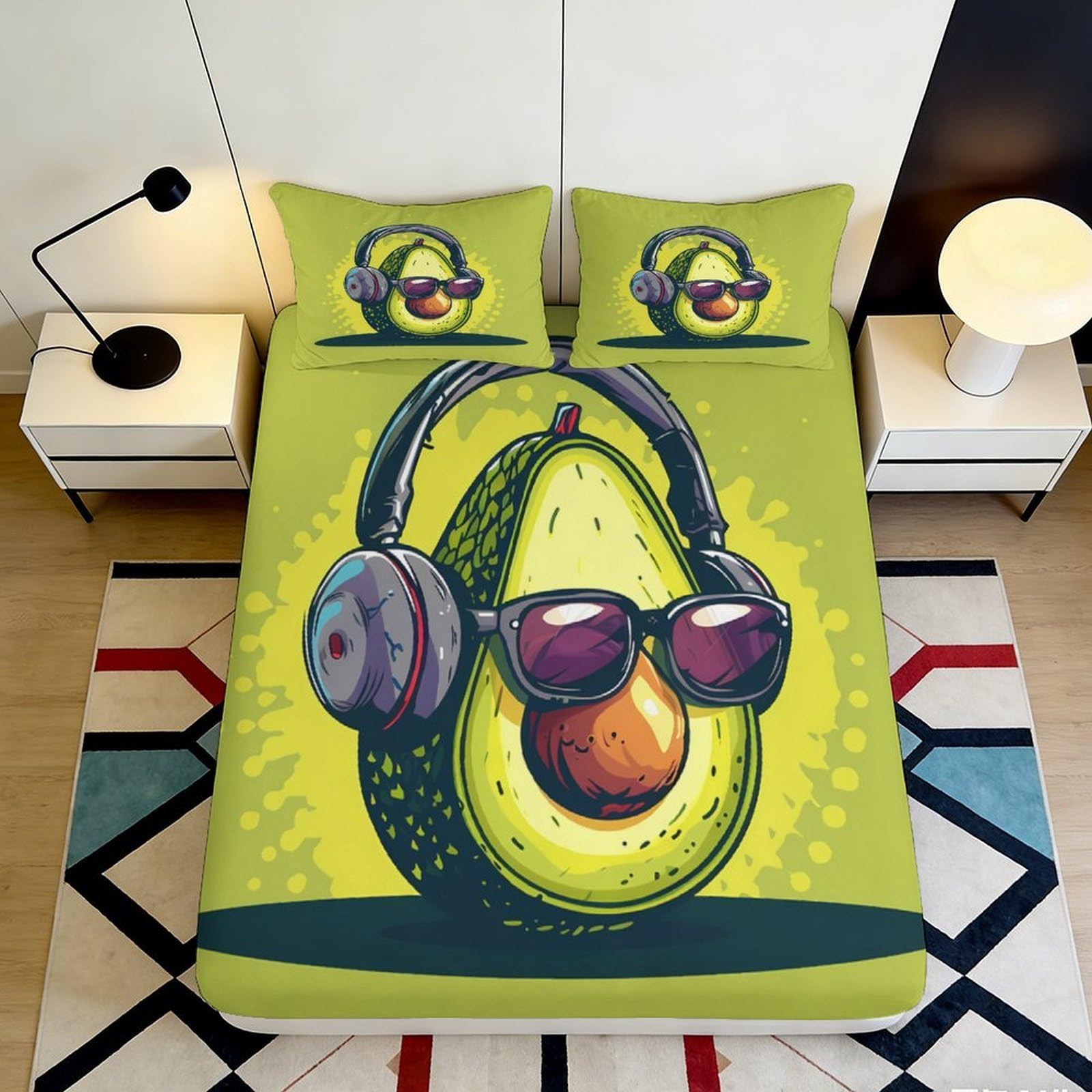 3D Printed Avocado with Headphones Fitted Sheet Microfiber Soft Breathable Cool Fruit Bed Cover for Bedroom Dormitory Guest Room Mattress Protection 160x200x25cm