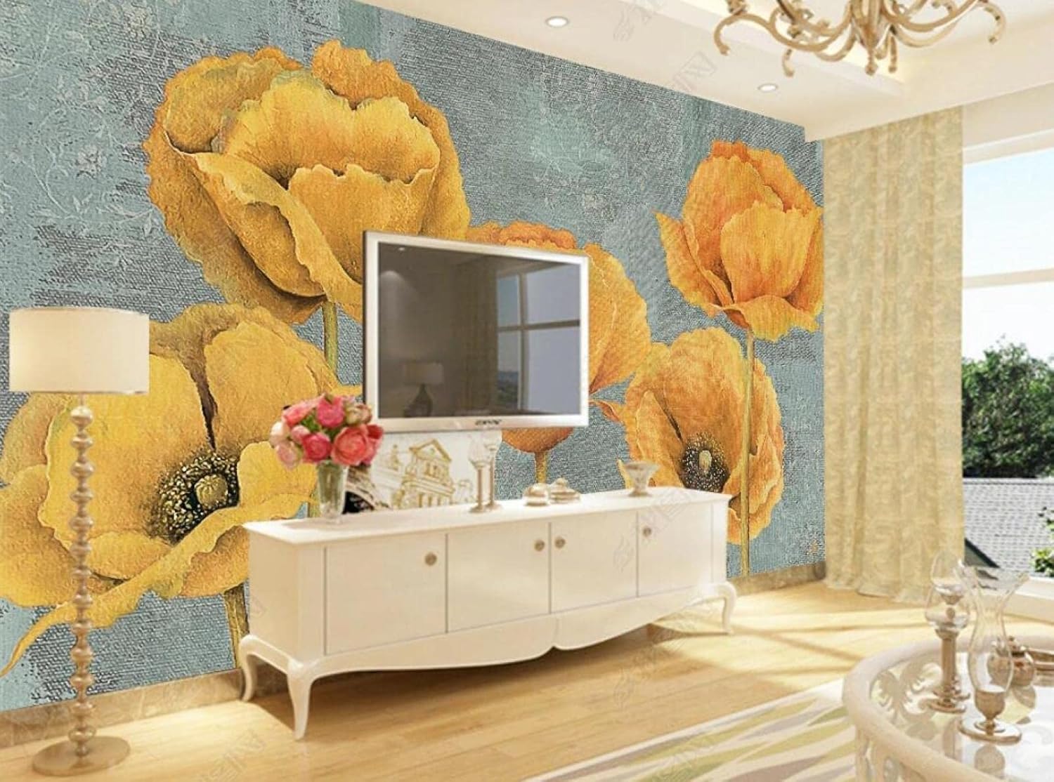 Papier peint 3D intissé fleur jaune vintage XLMING décoration salon 150cm