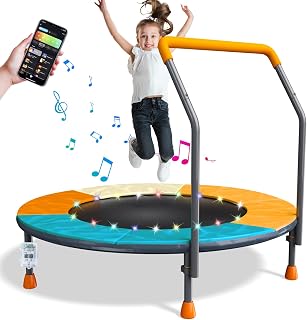 3FT Foldable Kids Trampoline with LED Lights & Music, 36" Mini Trampoline Adjustable Handlebar, Spring-Free Design, 150lbs Capacity for Toddlers 1-6 Years, Indoor/Outdoor Fitness & Developmental Toys