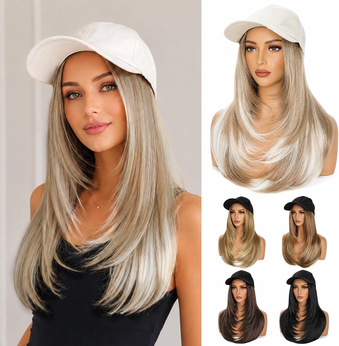 HOOJIH Hat Wig for Women, Adjustable Beige Baseball Cap Hat with 18 Inch Straight Layer Hair Attached Hat Hair Extension for Daily Style - Light Golden Blonde with White Blonde
