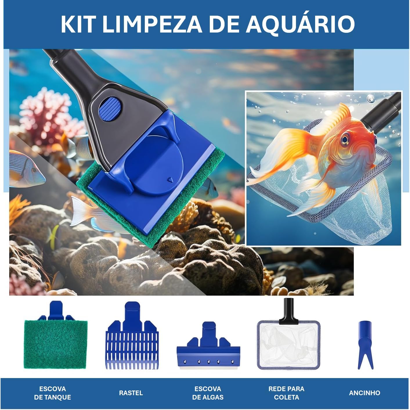 Kit de Limpeza 5 em 1 com Sifão para Aquários | Água Doce e Salgada | Escovas, Rede, Raspador e Cabo Extensível de 45cm