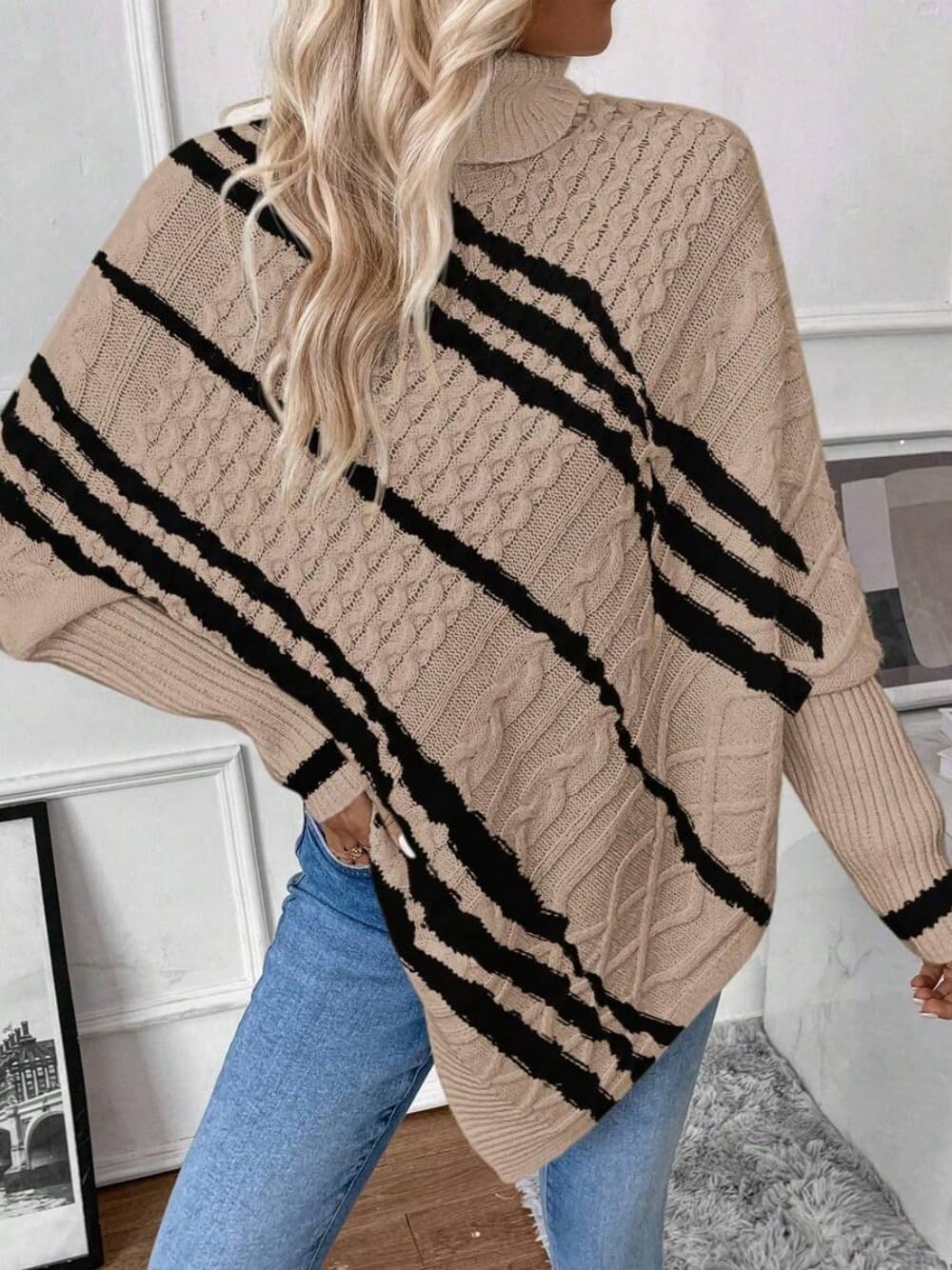ZAFUL Women's Asymmetrical Turtleneck Poncho Sweaters Drop Shoulder Cable Knit Casual Pullover Sweater - Image 3