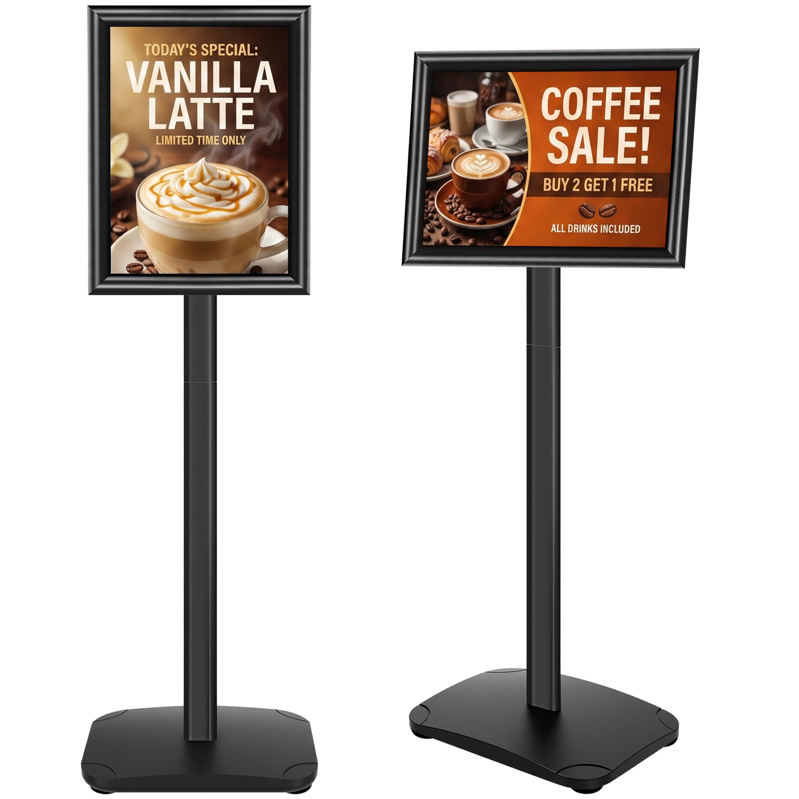 Présentoir A4 robuste sur Pied - Base fonte lestée, Rotation 360°, Cadre Aluminium Clipsable - Support Panneau A4 – Porte Affiche Menu Restaurant, Support Document Bureau | Noir