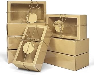 Corsiampoo 30 Pack Kraft Paper Cardboard Boxes with Clear Window, Internal Size 5.5x2.7x2 Inches, Gift Boxes with Blank Tags,Jute String and Raffia, Great for Jewelry, Candy, Cookie&Party Favor Wrapping