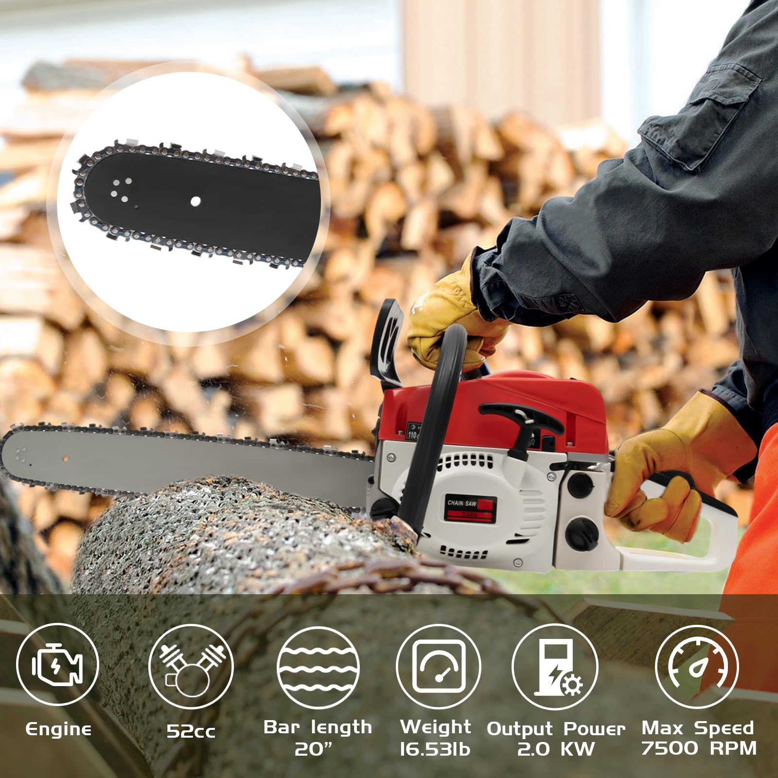 Amazon.com : 52CC Chain saw 2KW 20In Chainsaw Set Petrol Gas