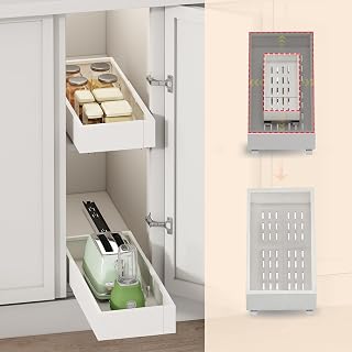 Fokyfok 2Pc Pull out Cabinet Organizer,7"-11"W,17"-24"D,Expandable | No Drill,Adjustable,Roll out Drawers,Adhesive Sliding Drawers,Slide out Shelves for Cabinets Without Lip,Kitchen,Pantry,White