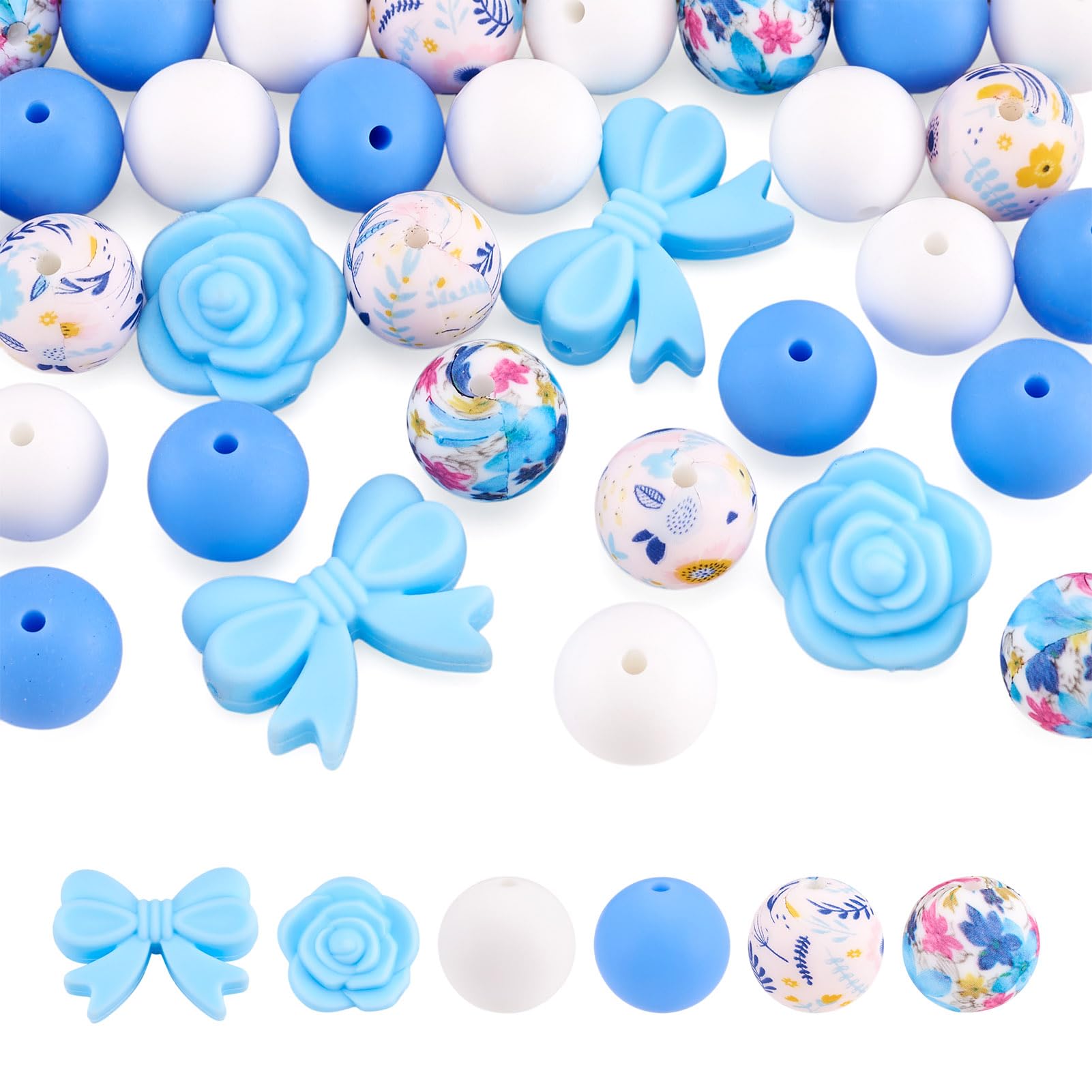 34Pcs Blue Silicone Focal Beads for Pen Bowknot Silicone Beads for Keychain Making Assorted Flower Rose Round Bead Charms for Mother Father's Day Necklace Bracelet Jewelry Making