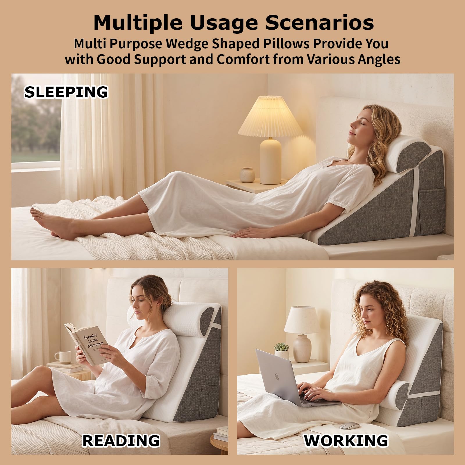 Cojín de apoyo de cuña para cama con cojín suave, almohada de cuña de espuma para apnea del sueño, reflujo ácido, alivio del dolor de espalda, elevación de piernas, almohada triangular inclinada para