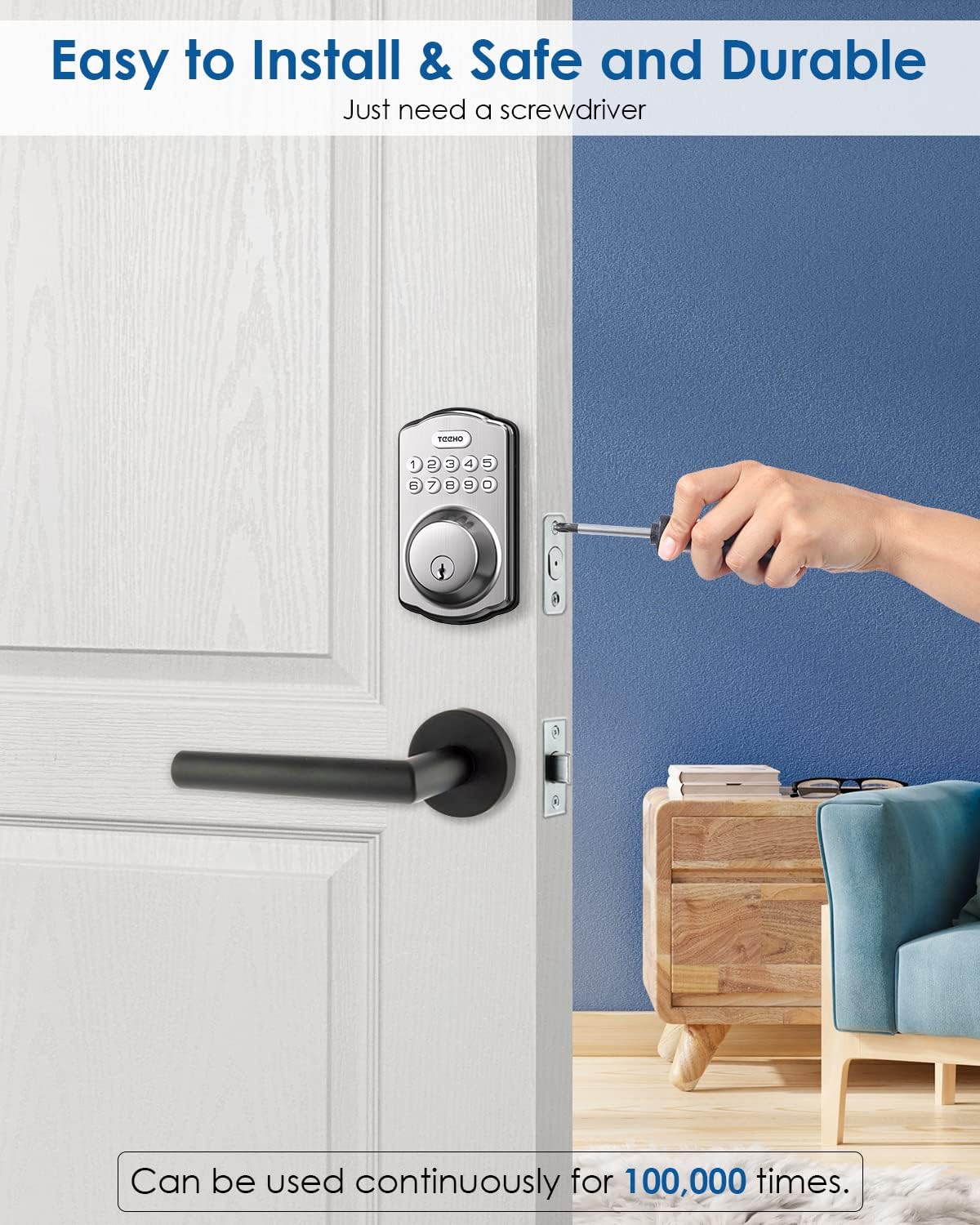 Keyless Entry Door Lock - TEEHO Keypad Door Lock - Smart Door Lock with Keypads - Deadbolt Smart Lock - IP54 Weatherproofing-Satin Nickel - - 