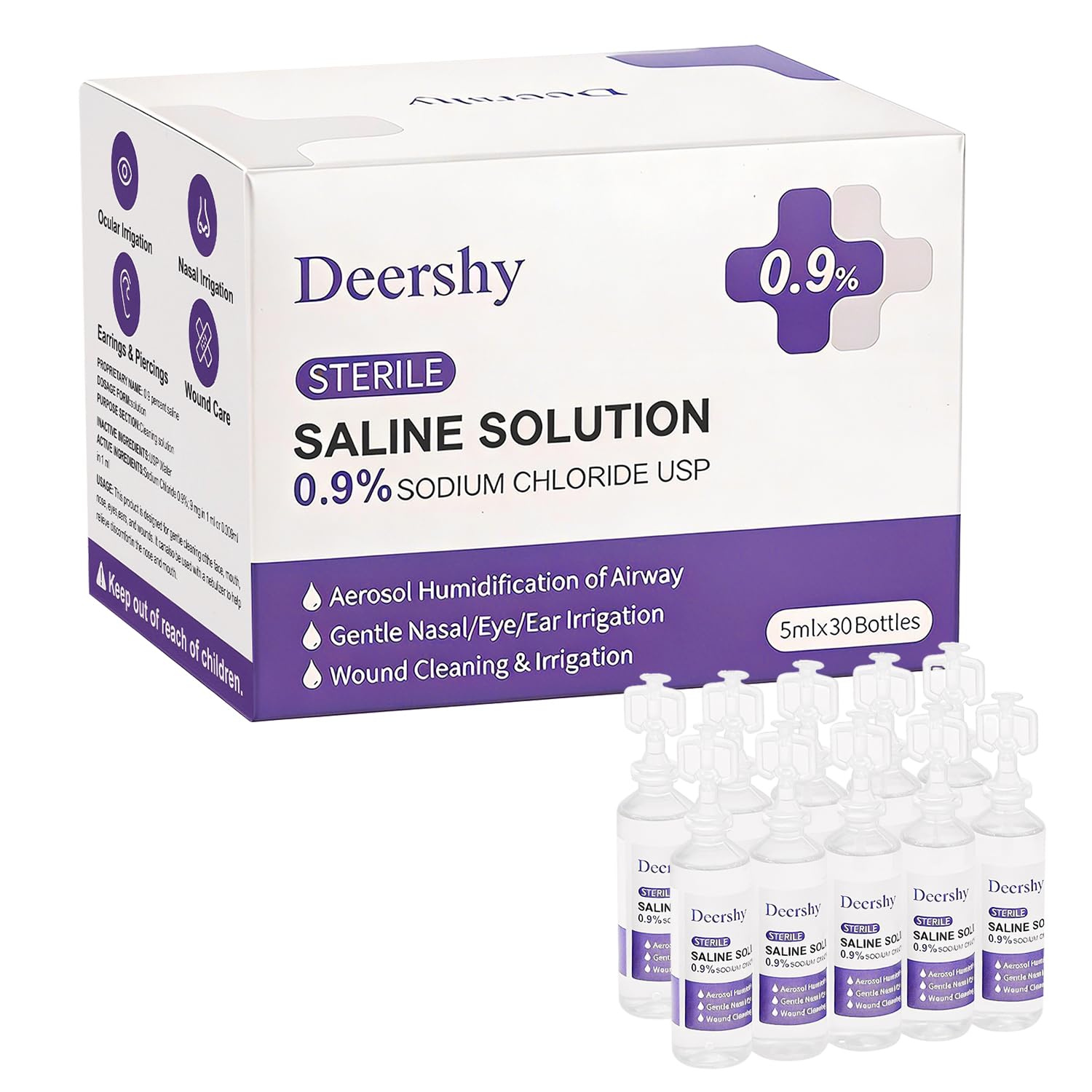Upgraded 0.9% Sodium Chloride Saline Solution, 5ml Single-Use Vials 30 Count, Gentle Daily Cleansing for Nose, Ears and Skin, Safe for Infants, Children & Adults