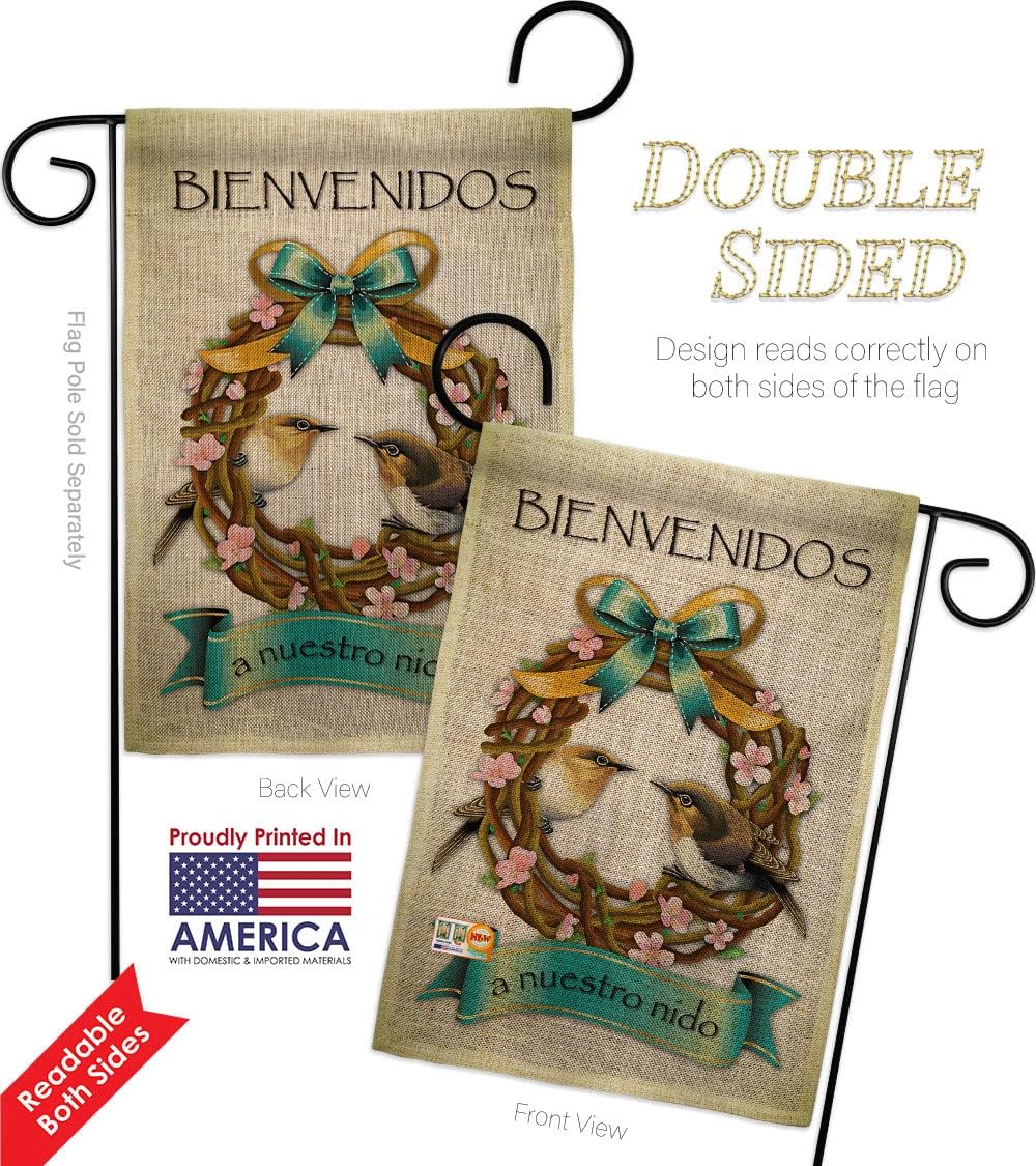 Bienvenidos a Nuestro Nido Burlap Garden Flag Animals Bird Flamingo Hummingbird Cardinal Peacock Springtime Natural Wildlife Small Decorative Gift Yard House Banner Double-Sided Made In USA 13 X 18.5
