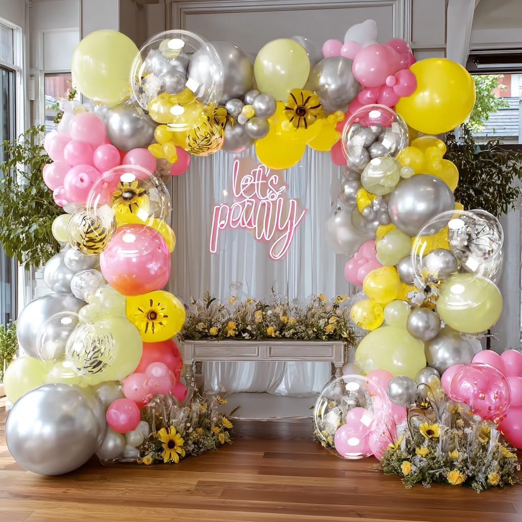 Pink Yellow Balloon Arch DOUBLE STUFFED Yellow Pink Balloons for Birthday Baby Shower Wedding Bridal Honey Bee Party Decorations