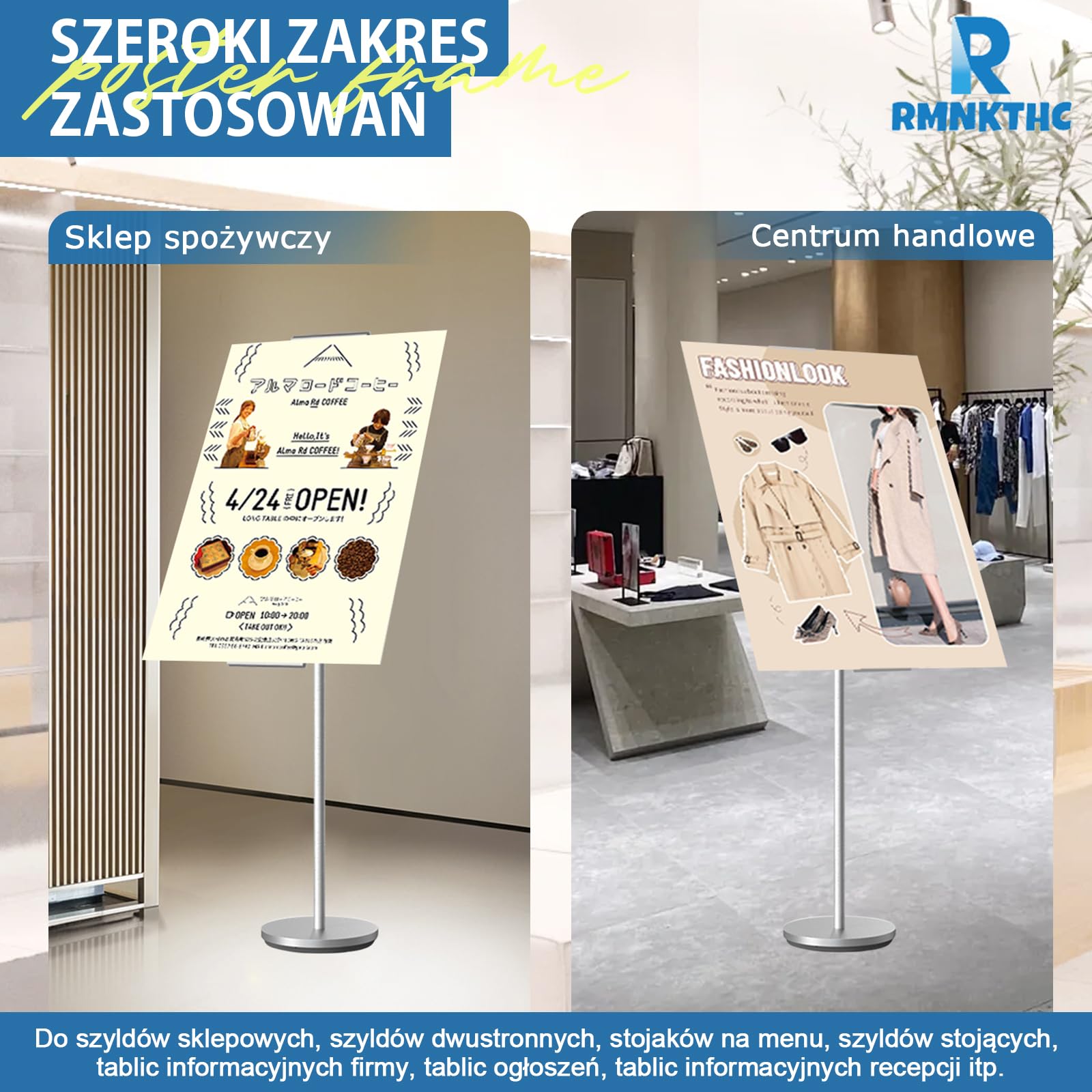 Stojak na plakat, stojak wystawowy, regulacja wysokości 60-100 cm, format pionowy/poziomy + podstawa Ø 28 cm, uchwyt na plakat do sklepów/targów (srebrny)