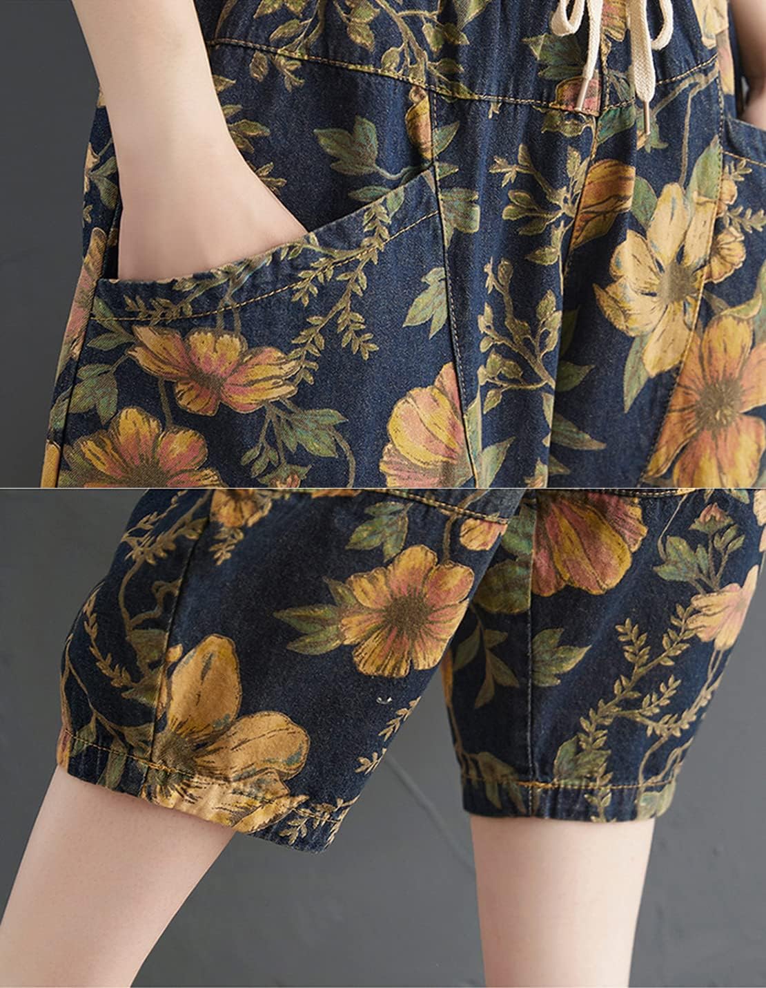 Women's Casual Denim Jeans Print Drawstring Elastic Waist Cotton Loose Splicing Harem Pants - Image 3