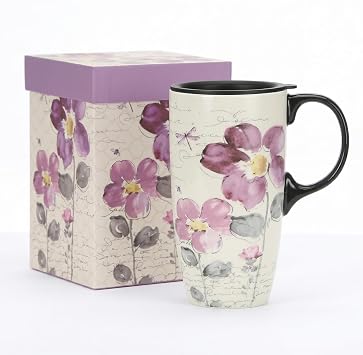 Topadorn 17oz Ceramic Coffee Mug with Lid and Gift Box, Purple Floral Travel Coffee Cup for Latte, Tea & Hot Chocolate, Microwave & Dishwasher Safe