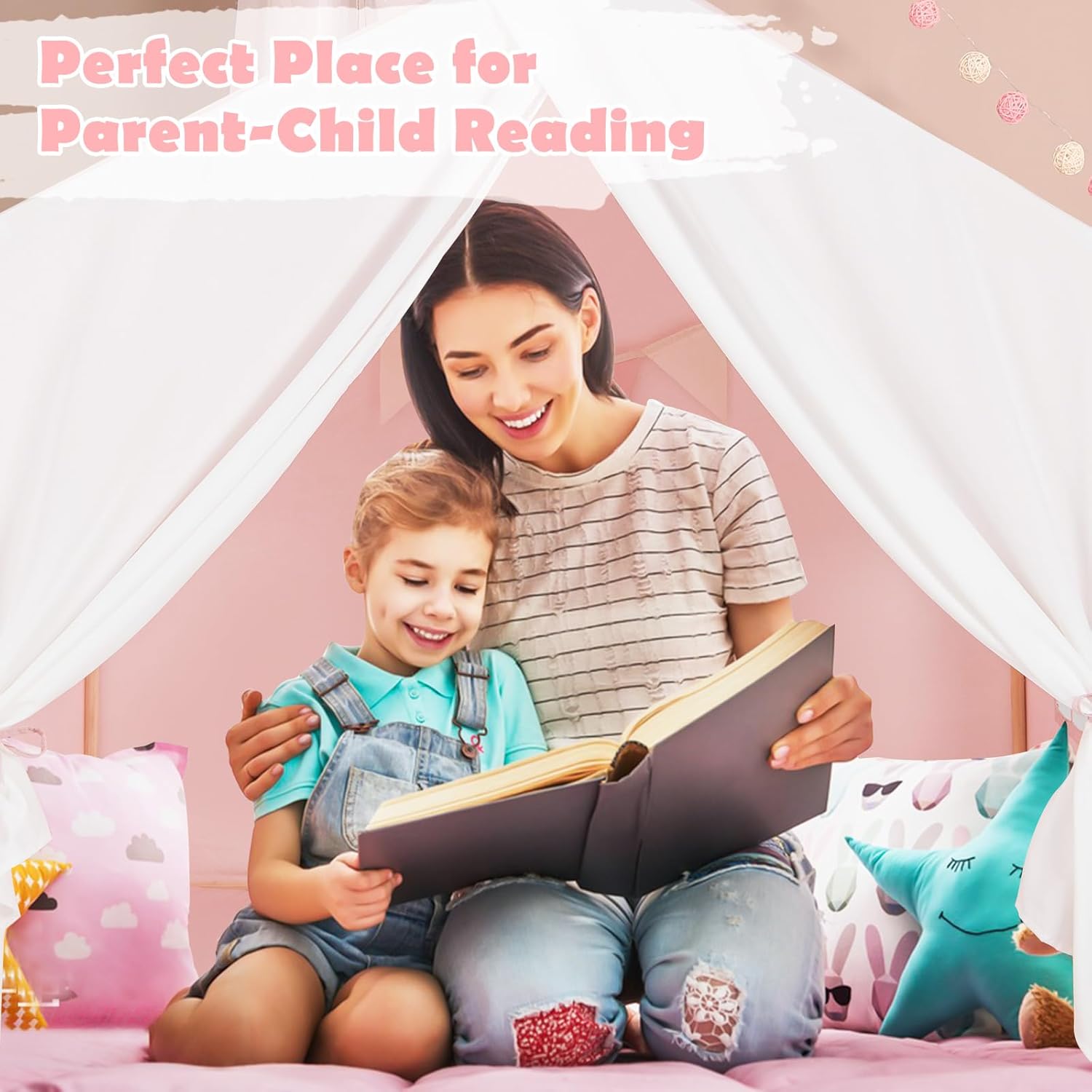 Mother and child reading a book inside the HONEY JOY play tent