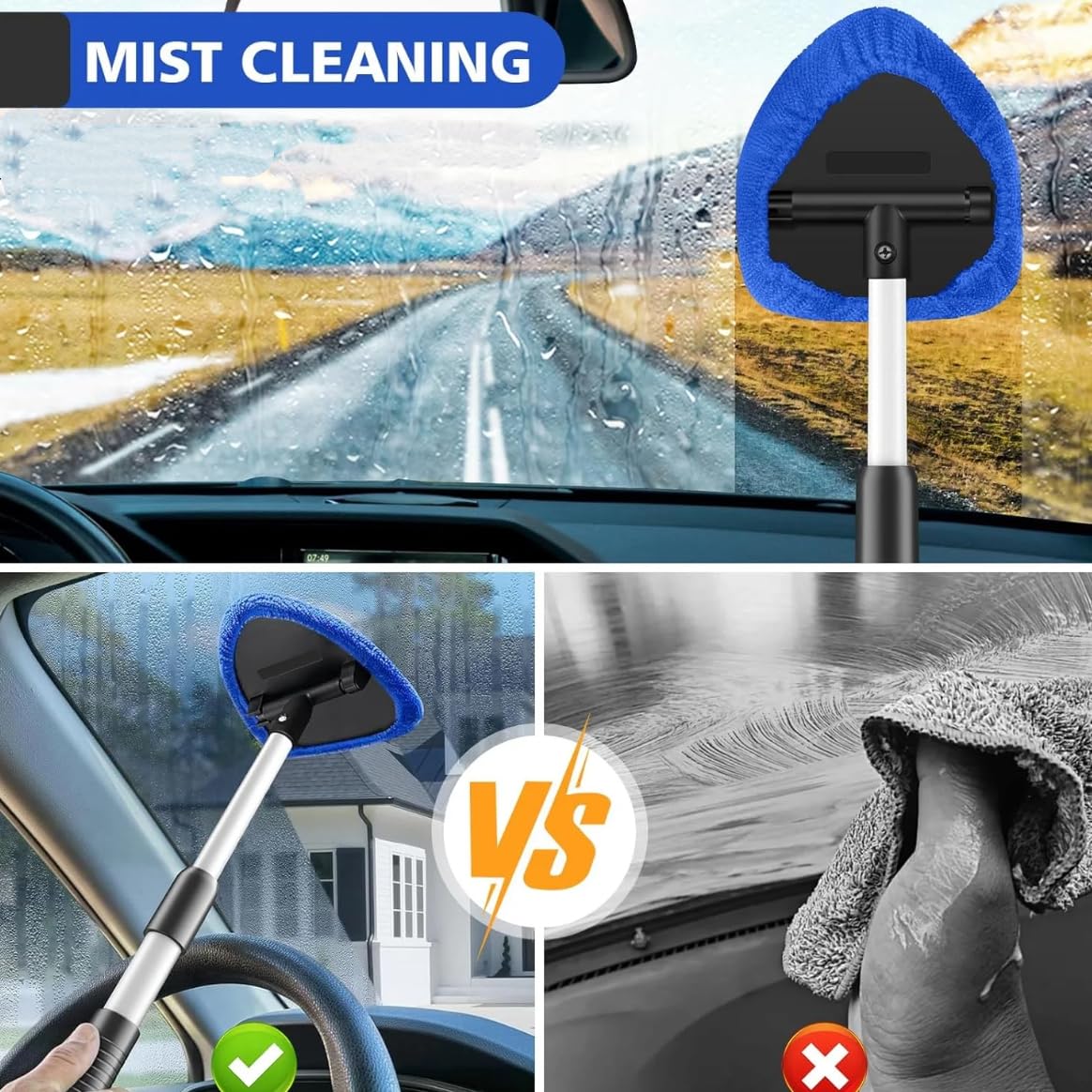 Car Windscreen Cleaner Tool, Telescopic Handle Car Cleaning Kit with 4 Reusable Microfiber Pads, Auto Windshield Cleaner for Interior Exterior Glass — view 6