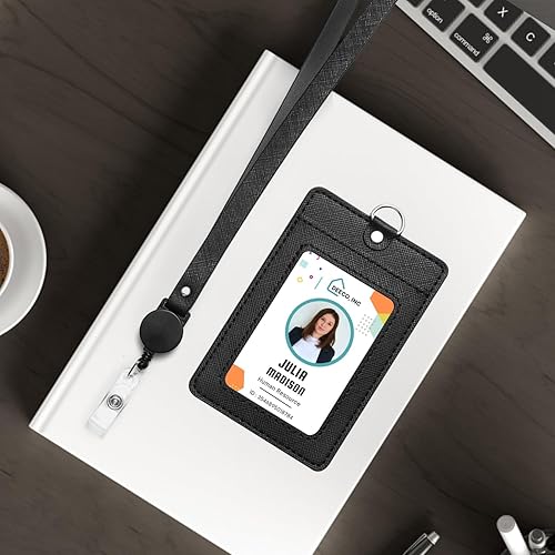 Miniatura 7 de Portatarjetas con inicial con cordón retráctil ajustable, letra bordada de piel sintética con ventana de identificación transparente para empleados,