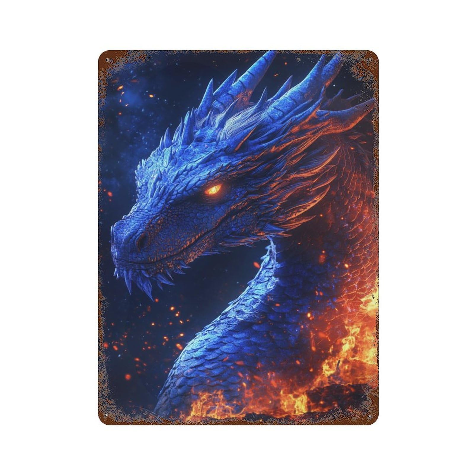 Blue Dragon in Flames Aged Metal Wall Plaque 15.7"x11.8", for Shed, Workshop And Garage Wall Decor, Old School Wall Decor
