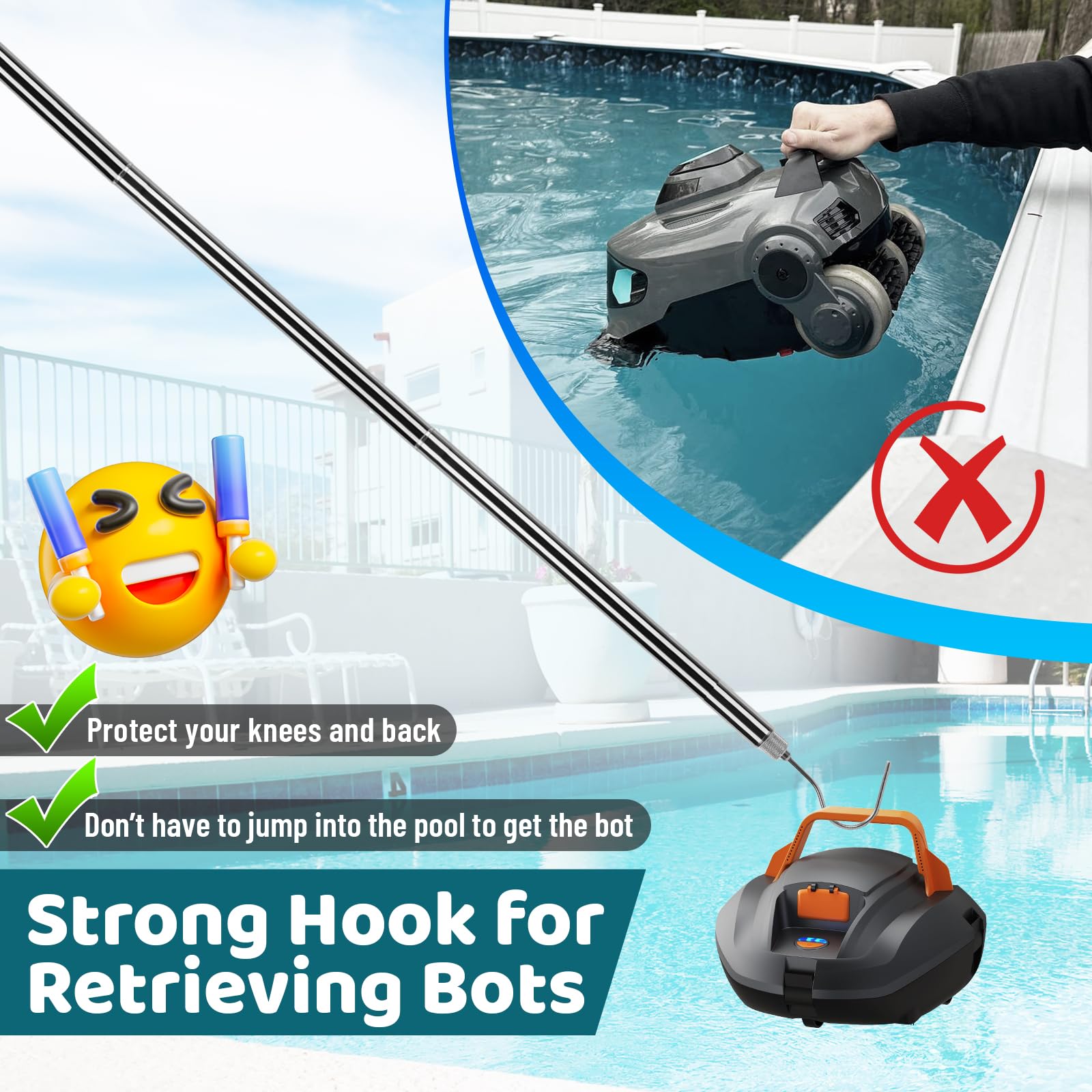 Hak do robota basenowego odkurzacz robot do czyszczenia basenu hak z drążkiem do czyszczenia basenu 152 cm akcesoria basenowe hak z teleskopowym drążkiem basenowym do chwytania środka