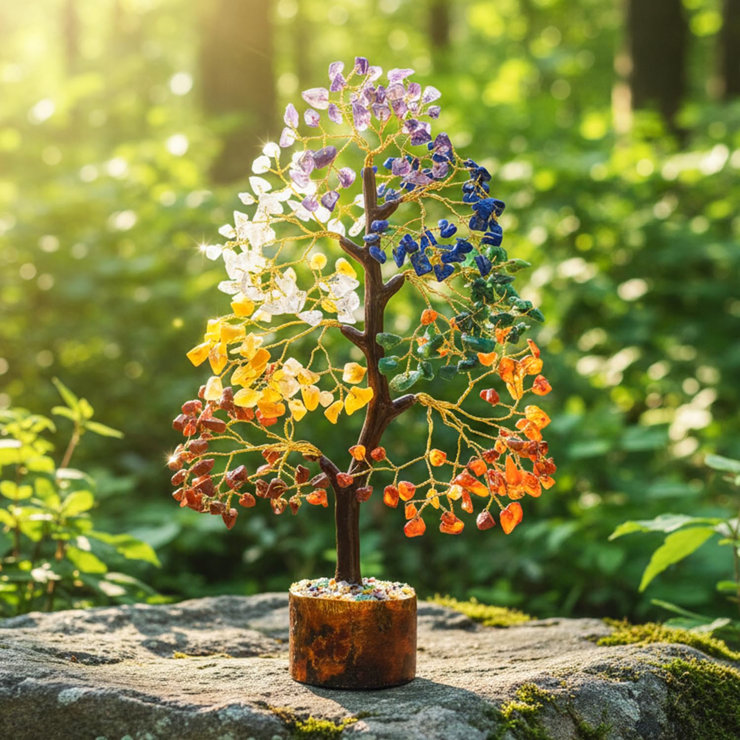Seven Chakra Gemstone Tree of Life - Crystal Tree Artificial Bonsai Tree Feng Shui Money Tree Plant Indoor Reiki Supplies Healing Crystal for Spiritual Energy Wiccan Meditation Gifts (Golden Wire)