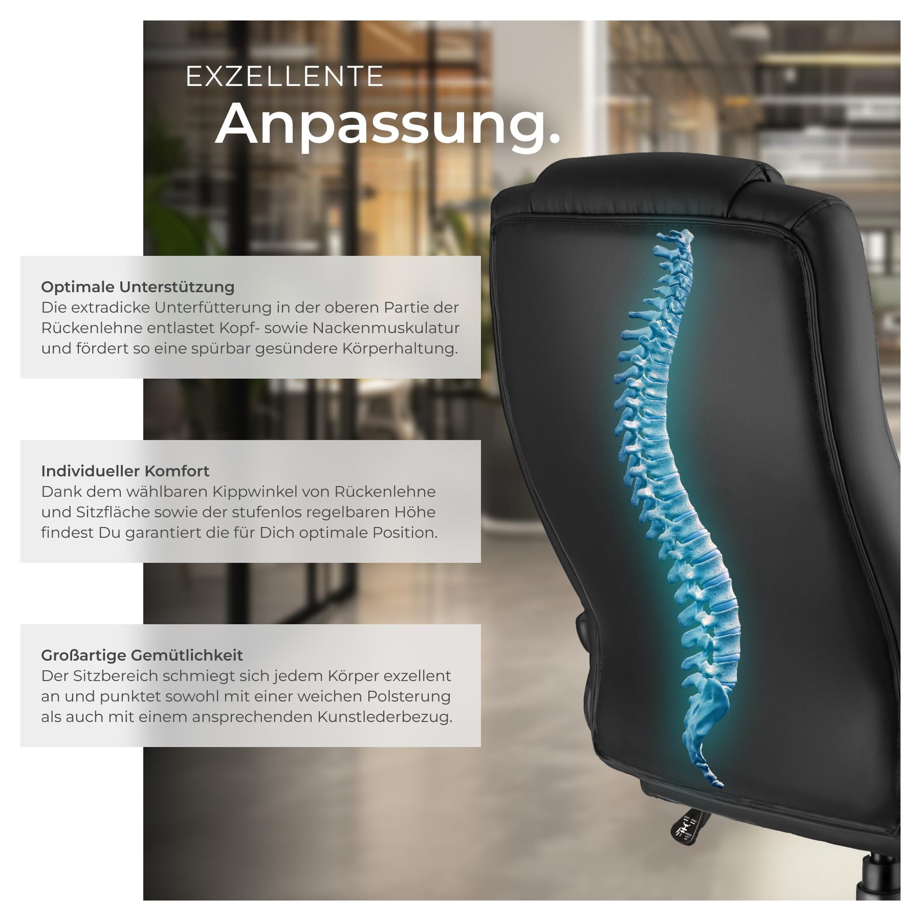 tectake® Bürostuhl, Chefsessel, Drehstuhl mit Rollen, Computerstuhl, höhenverstellbarer Schreibtischstuhl, ergonomischer Bürostuhl aus Kunstleder, Armlehnen & Wippfunktion, 12 cm Polsterung - schwarz