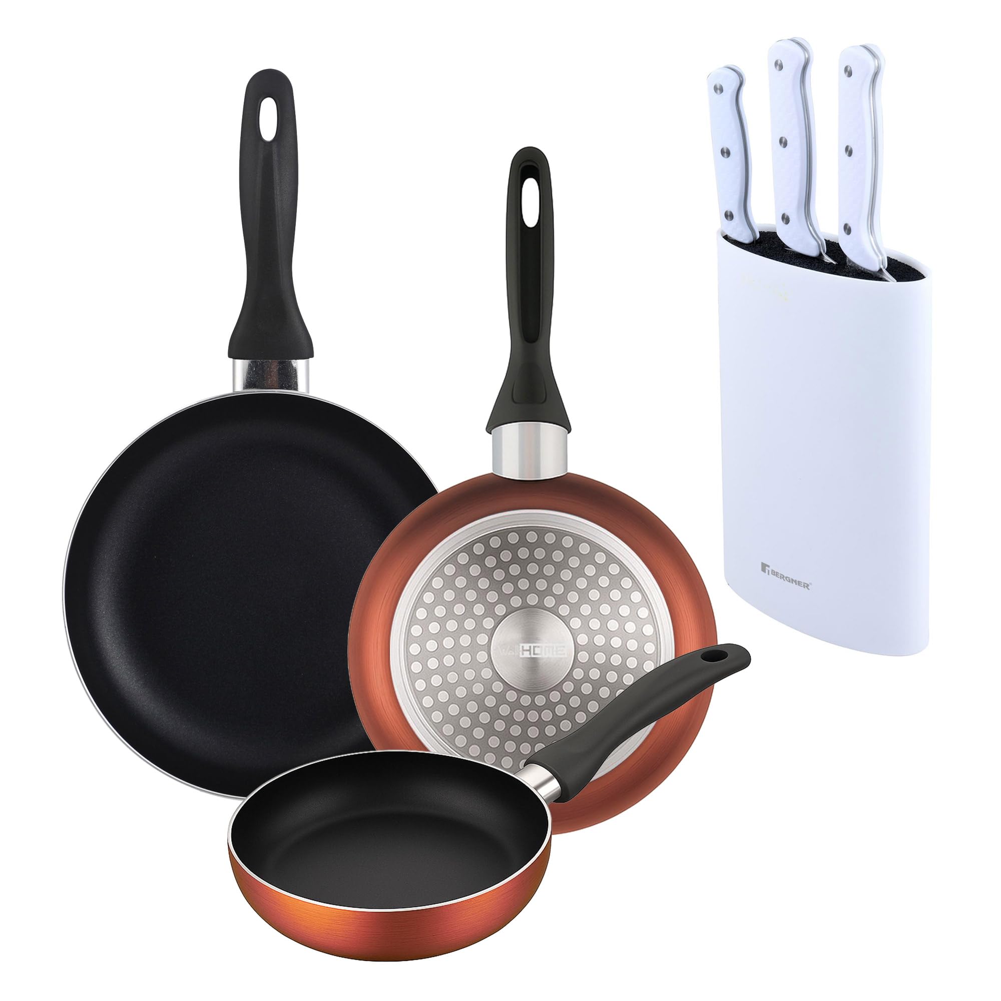 Well Home Lot de 3 poêles Ø16Ø20Ø24 cm en aluminium pressé en cuivre métallisé + Set de 3 couteaux avec tacoma en acier inoxydable